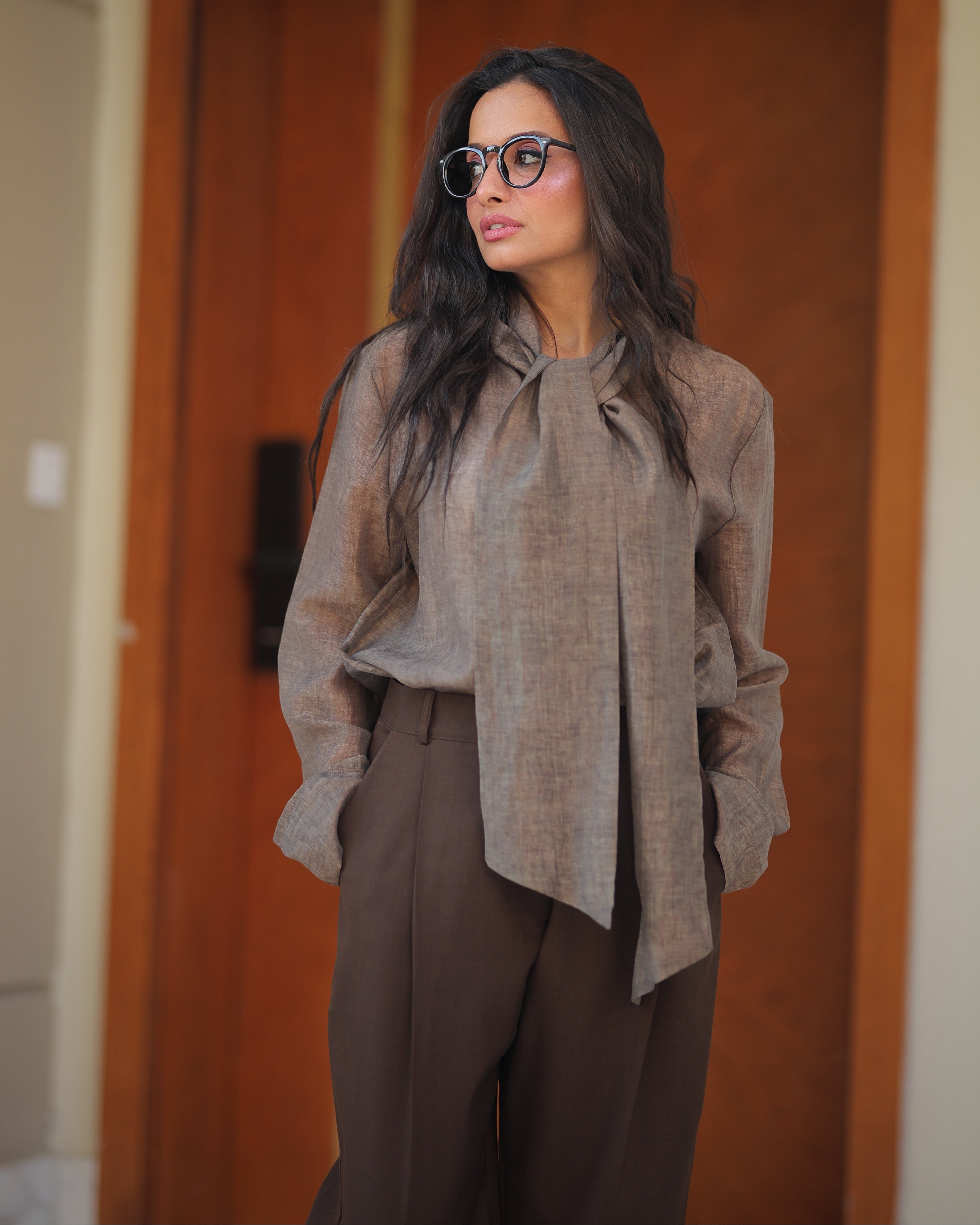 Plain Shirt With Scarf Collar