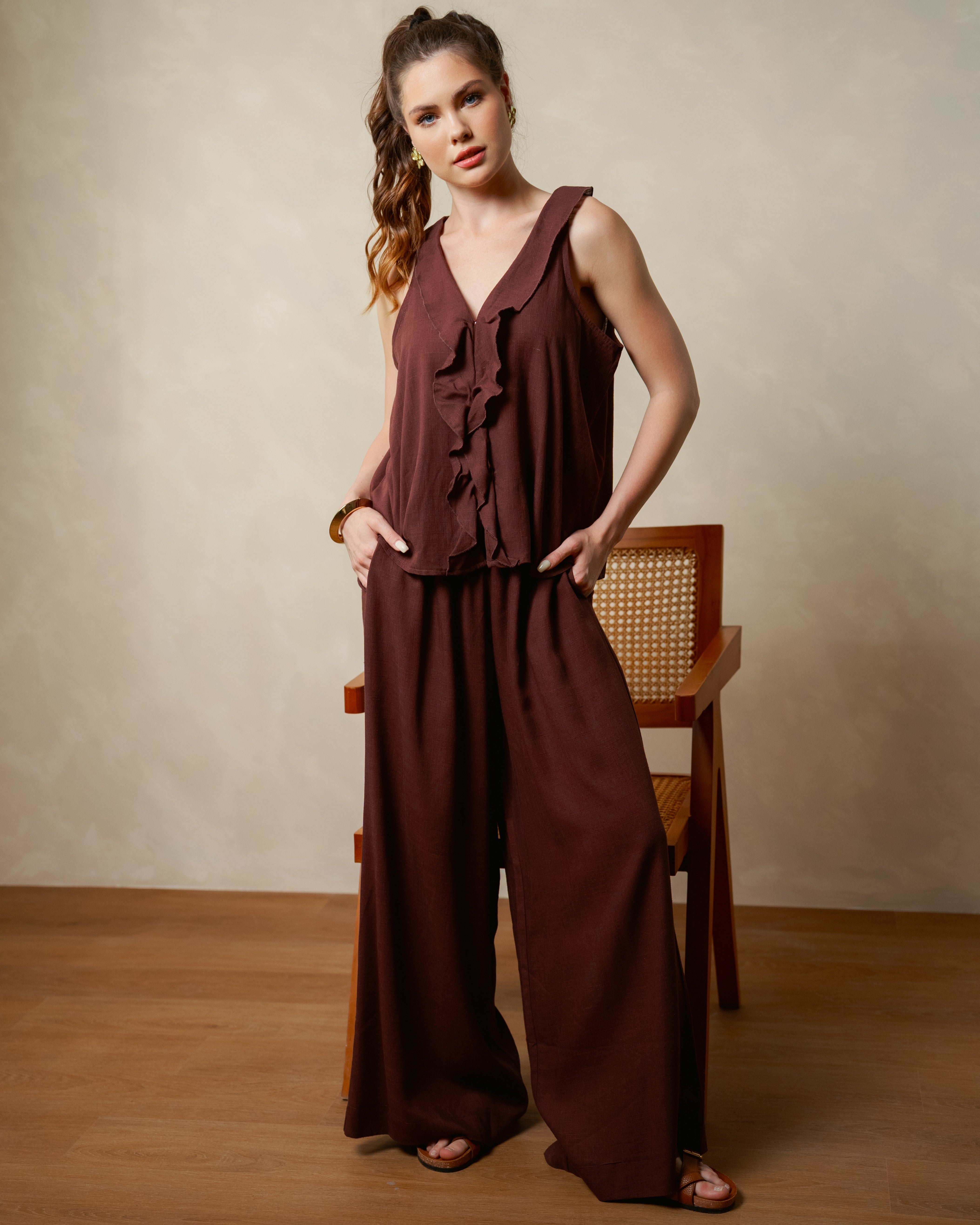 Sleeveless V-Neck Ruffled Linen Blouse