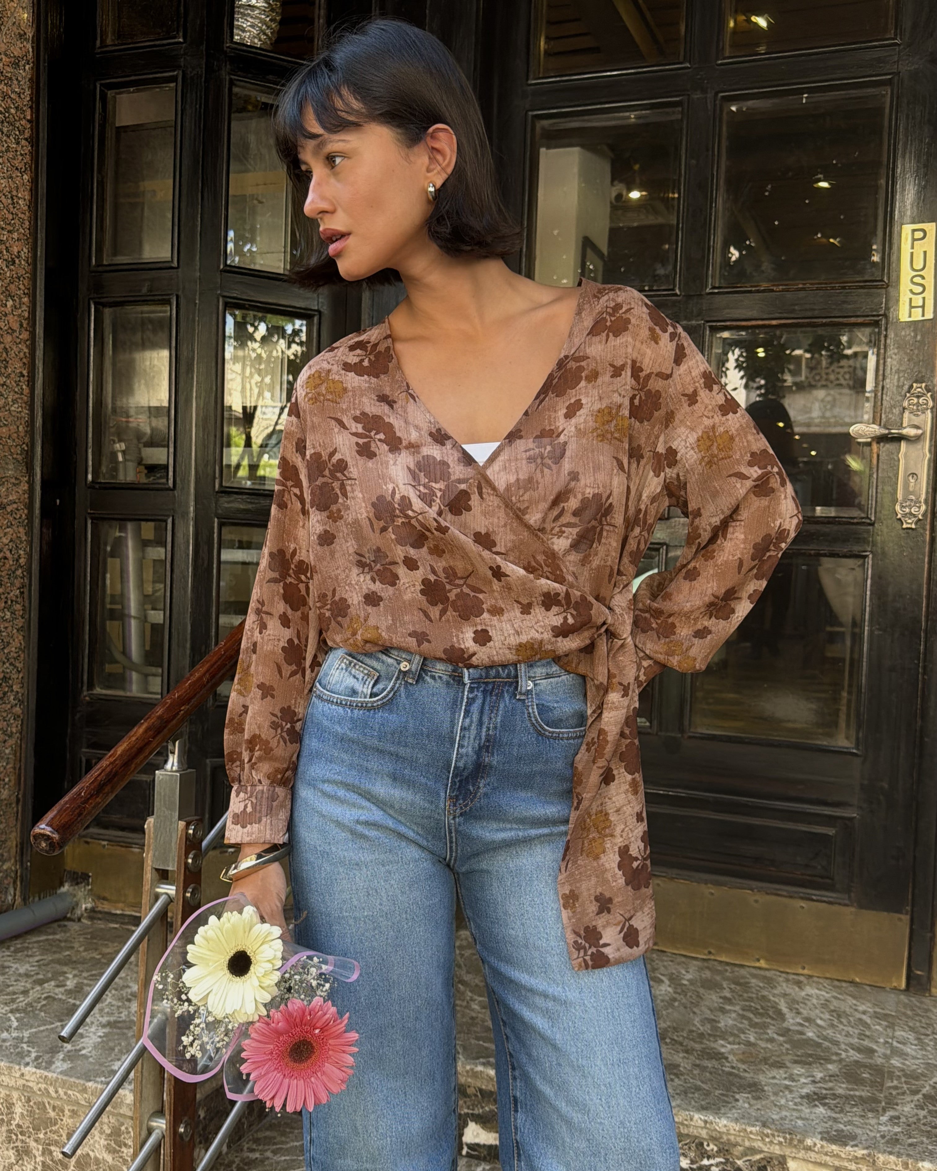 Floral Belted Wrap Blouse