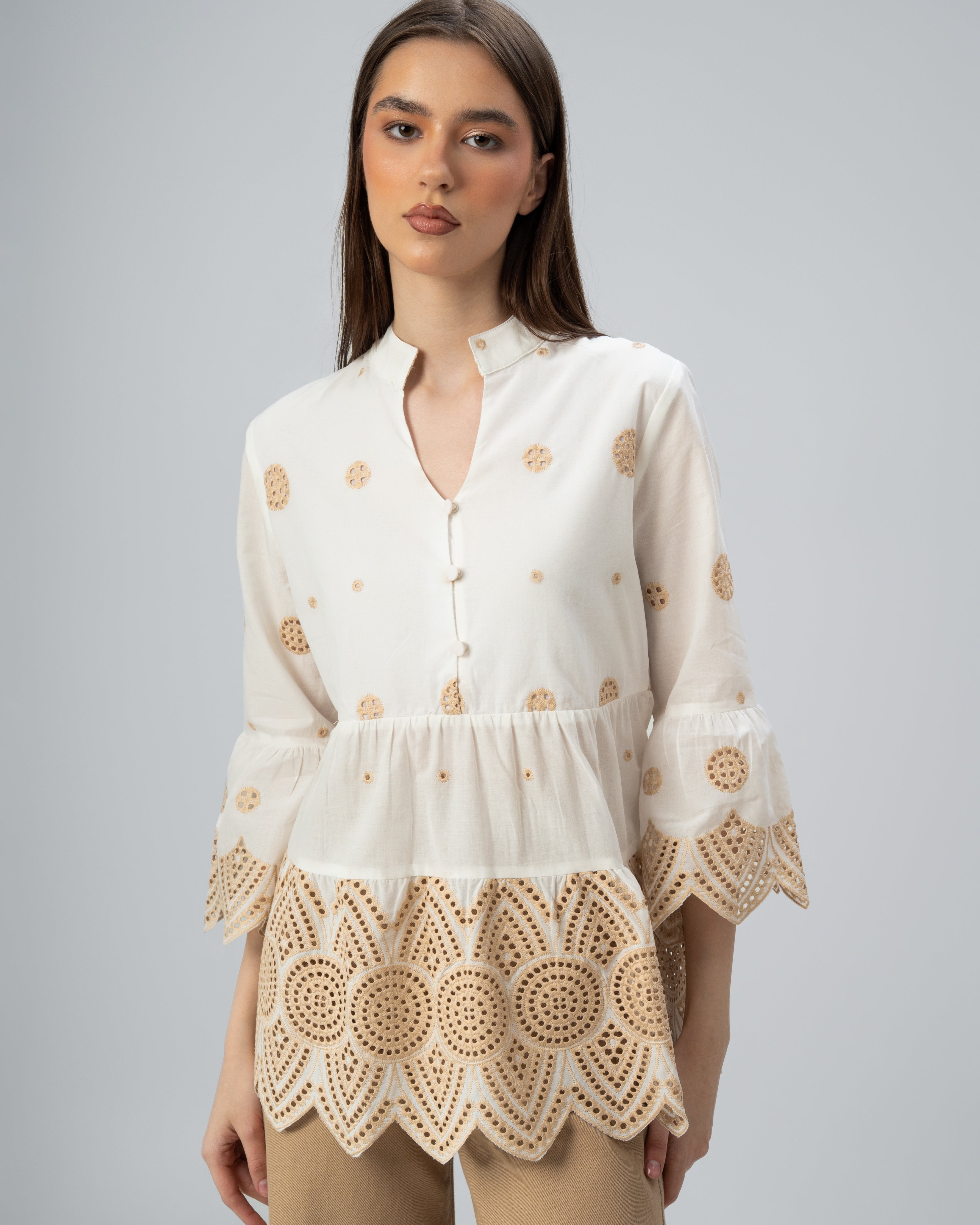 Wide Neck Blouse With - Circle Embroidery