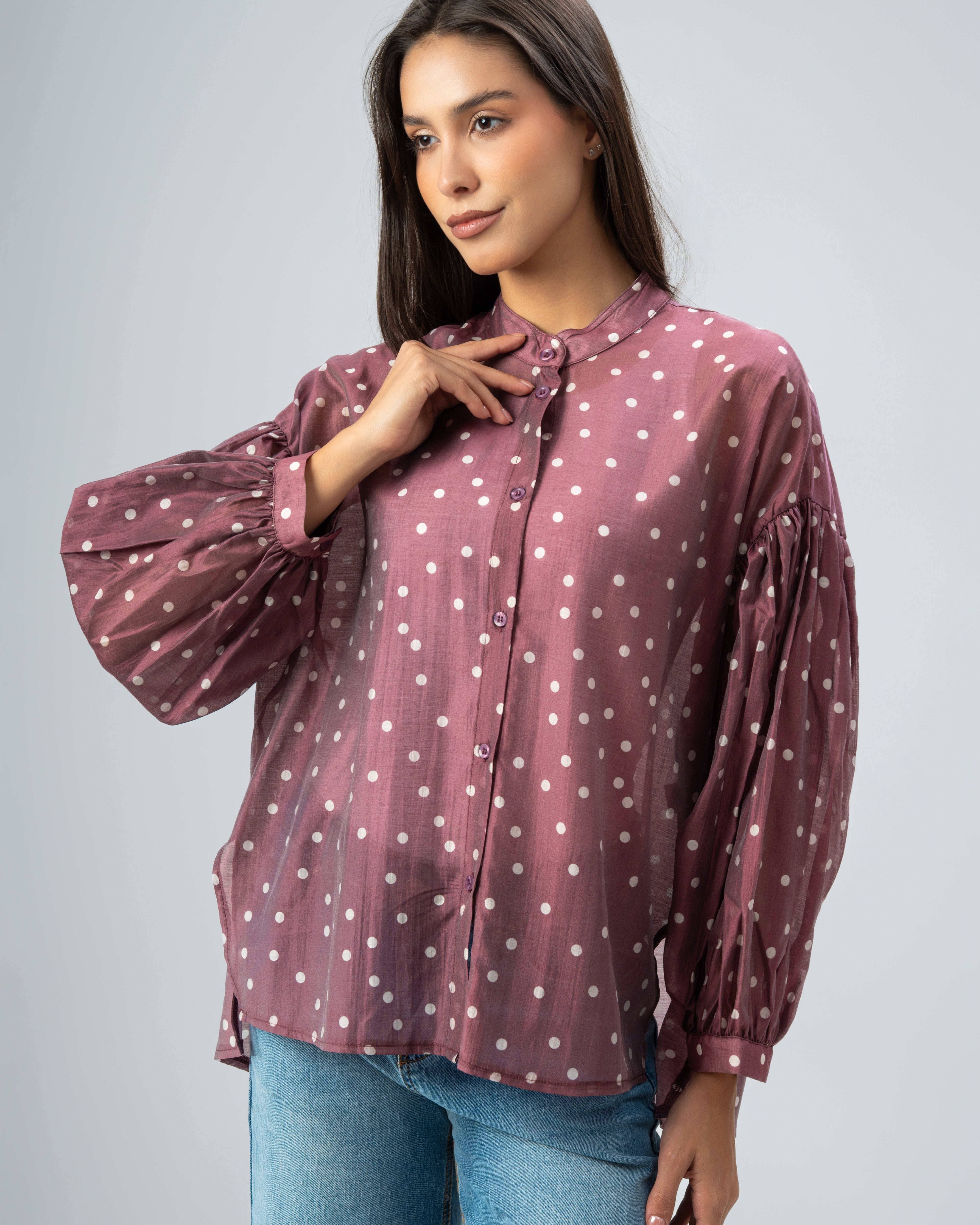 Polka Dot Silky Shirt with Puff Sleeves