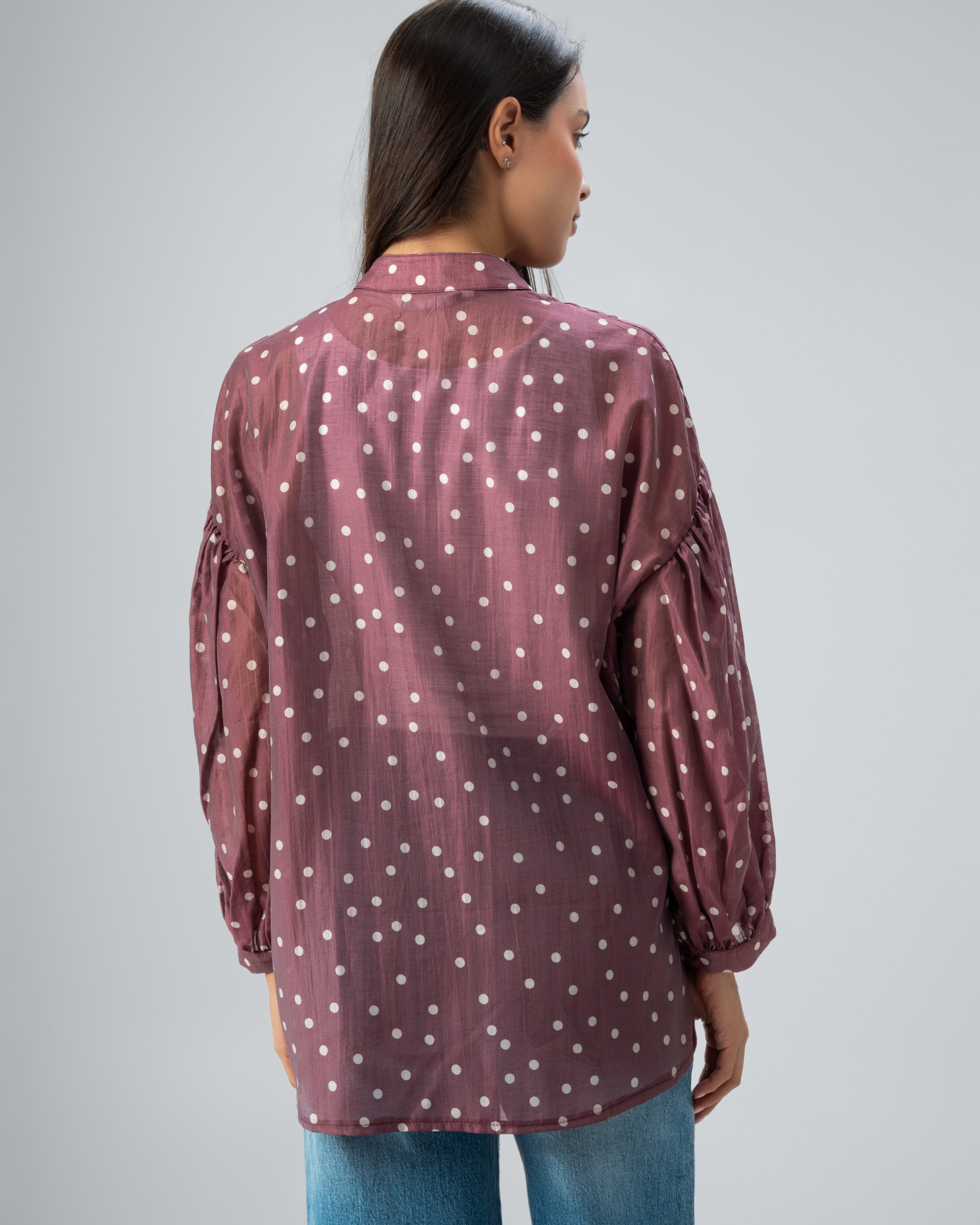 Polka Dot Silky Shirt with Puff Sleeves