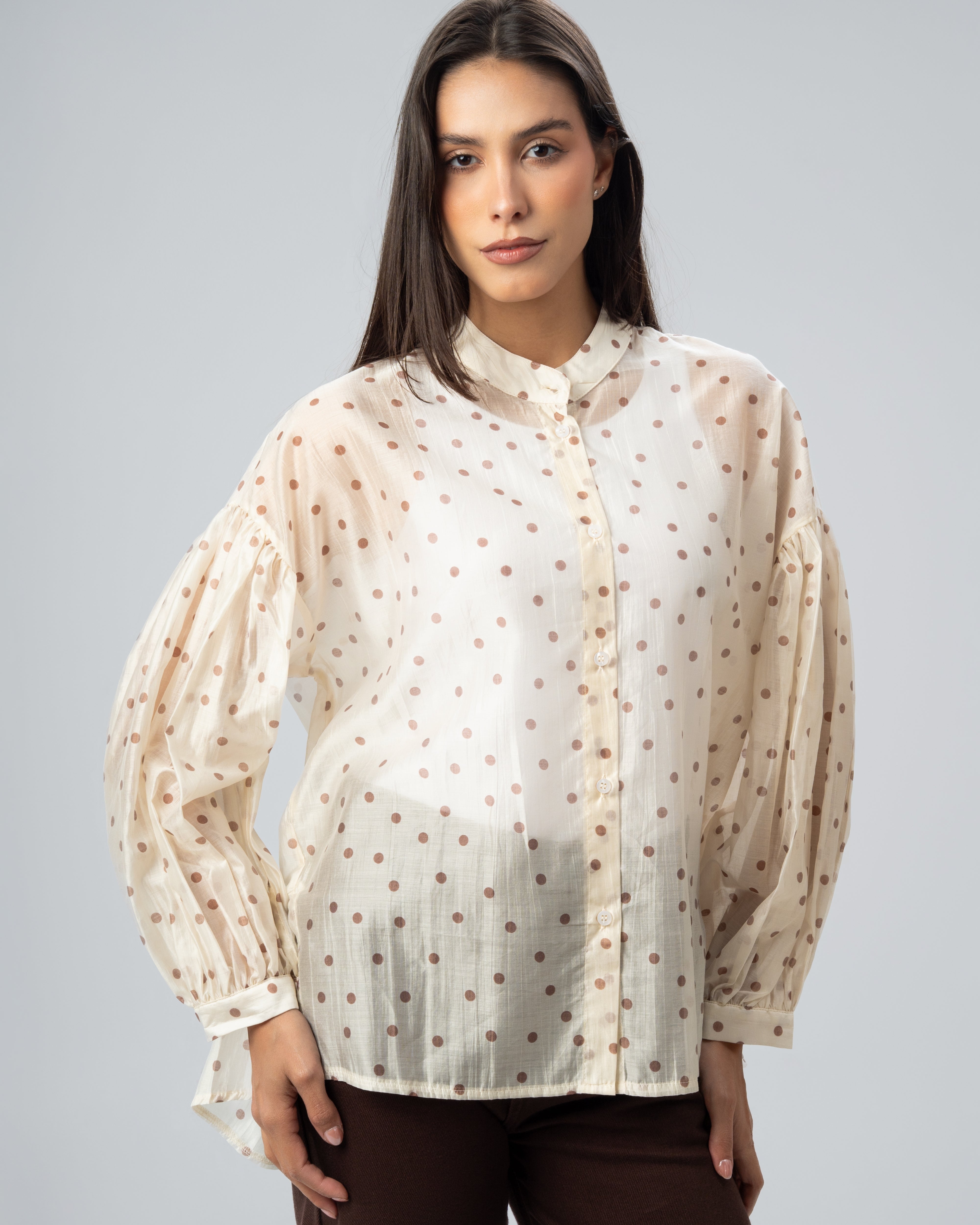 Polka Dot Silky Shirt with Puff Sleeves
