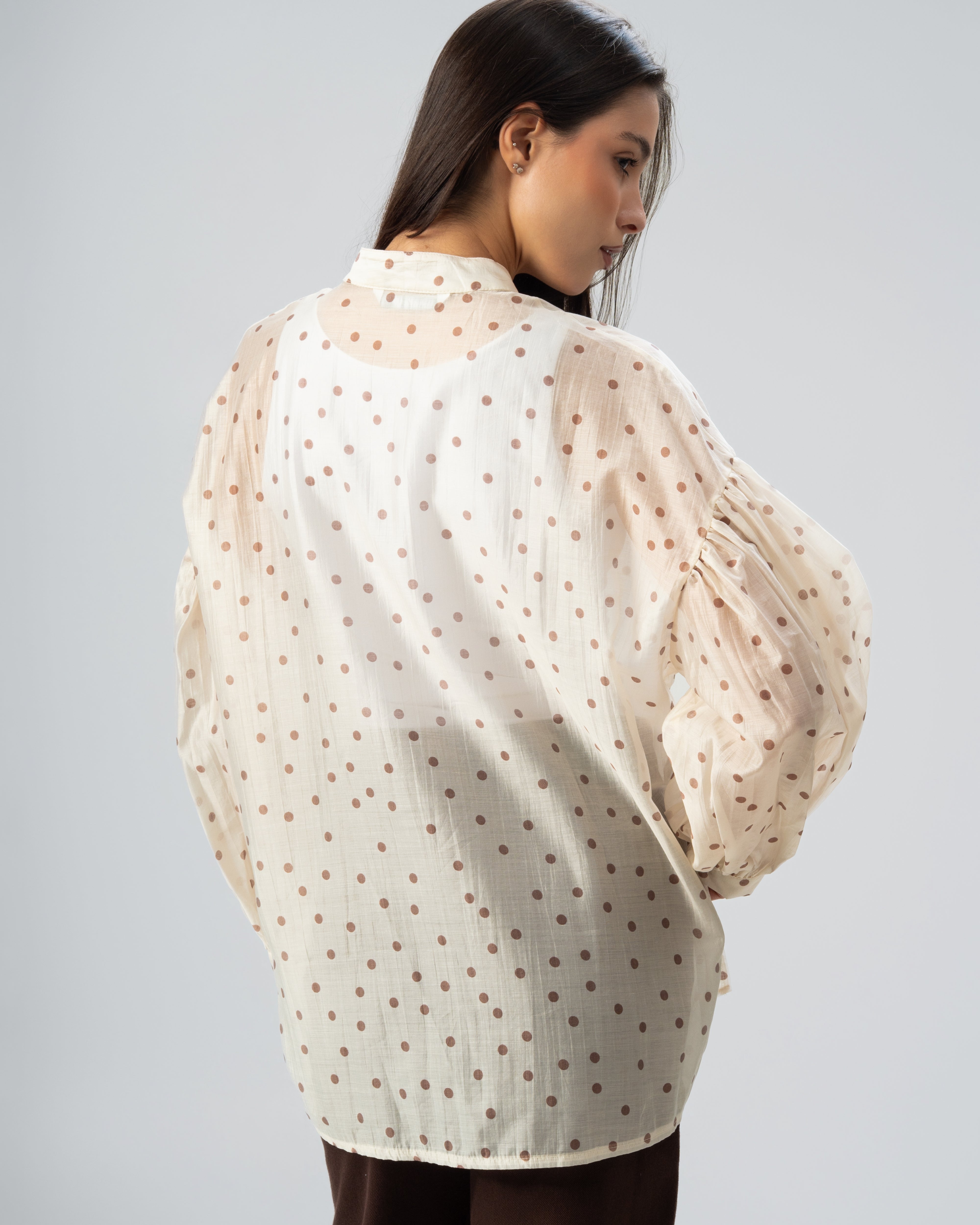 Polka Dot Silky Shirt with Puff Sleeves