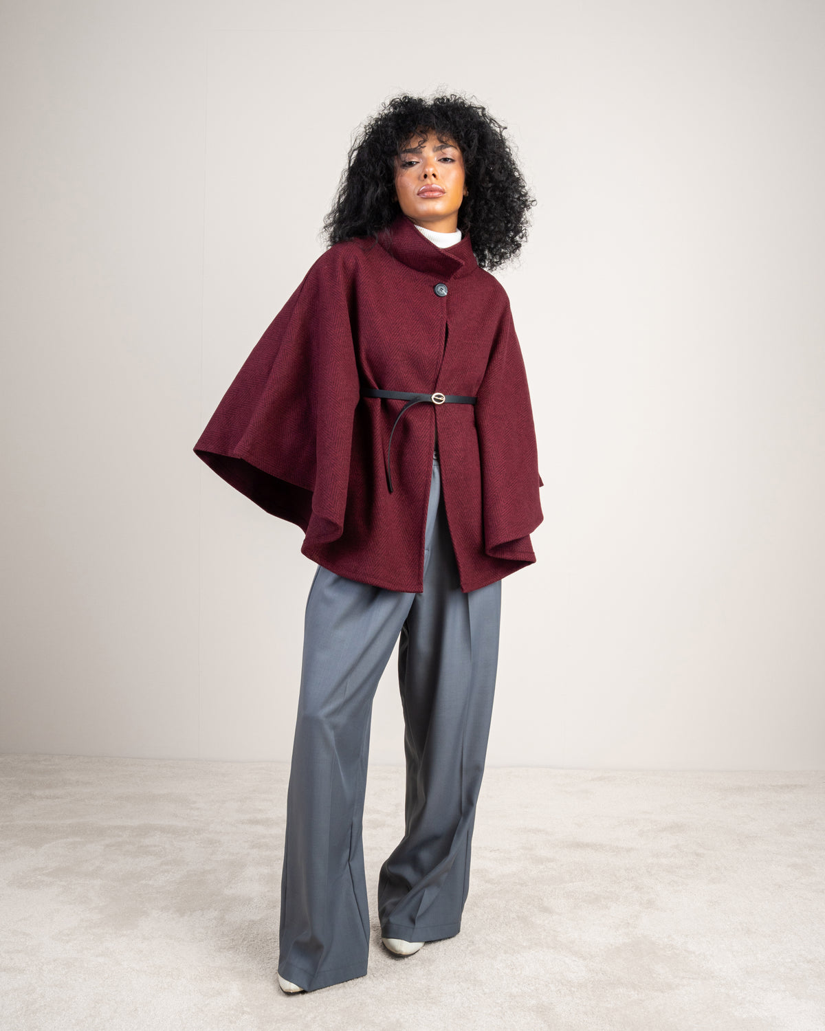 Open Wool Cape - With Belt And Buttons