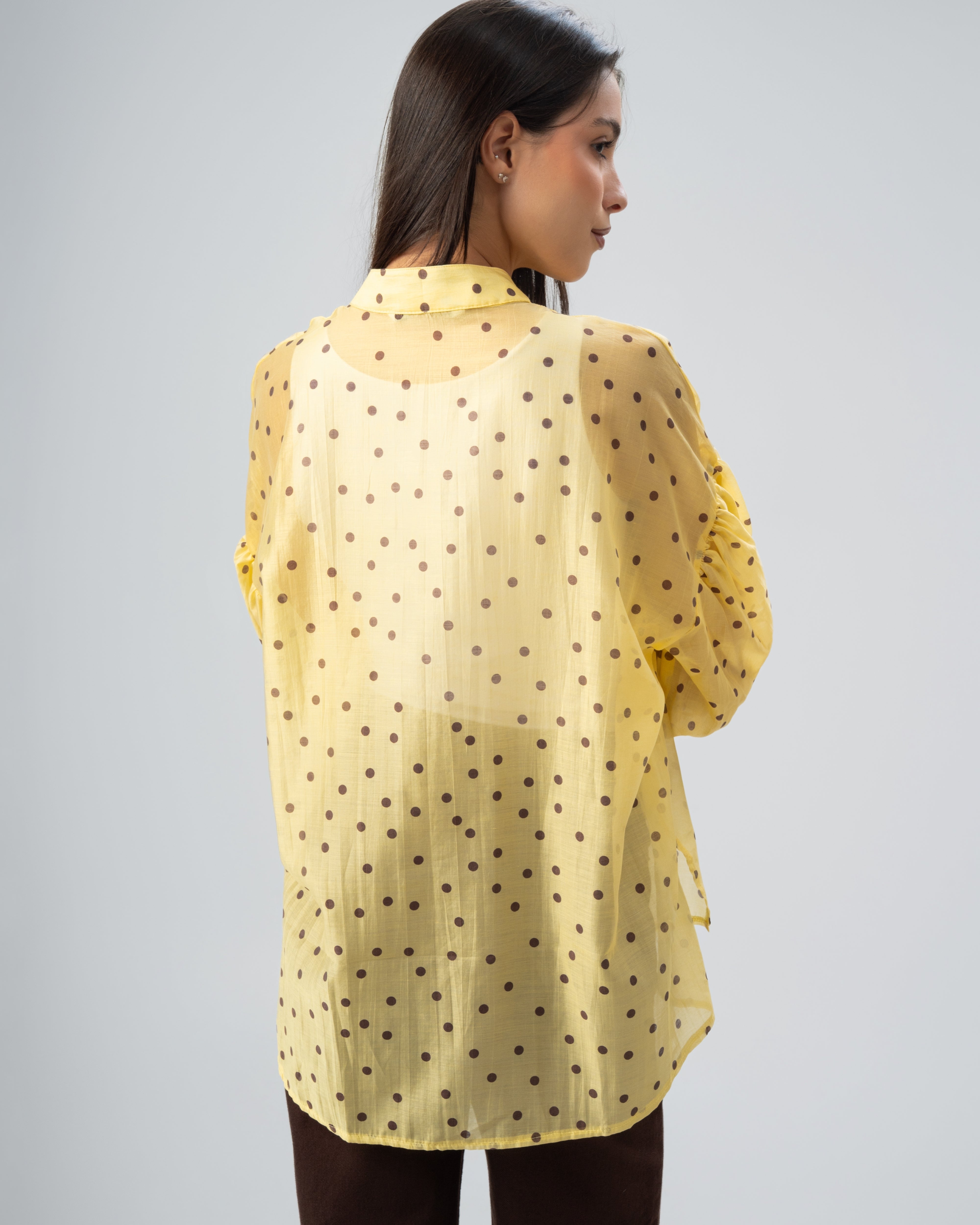 Polka Dot Silky Shirt with Puff Sleeves