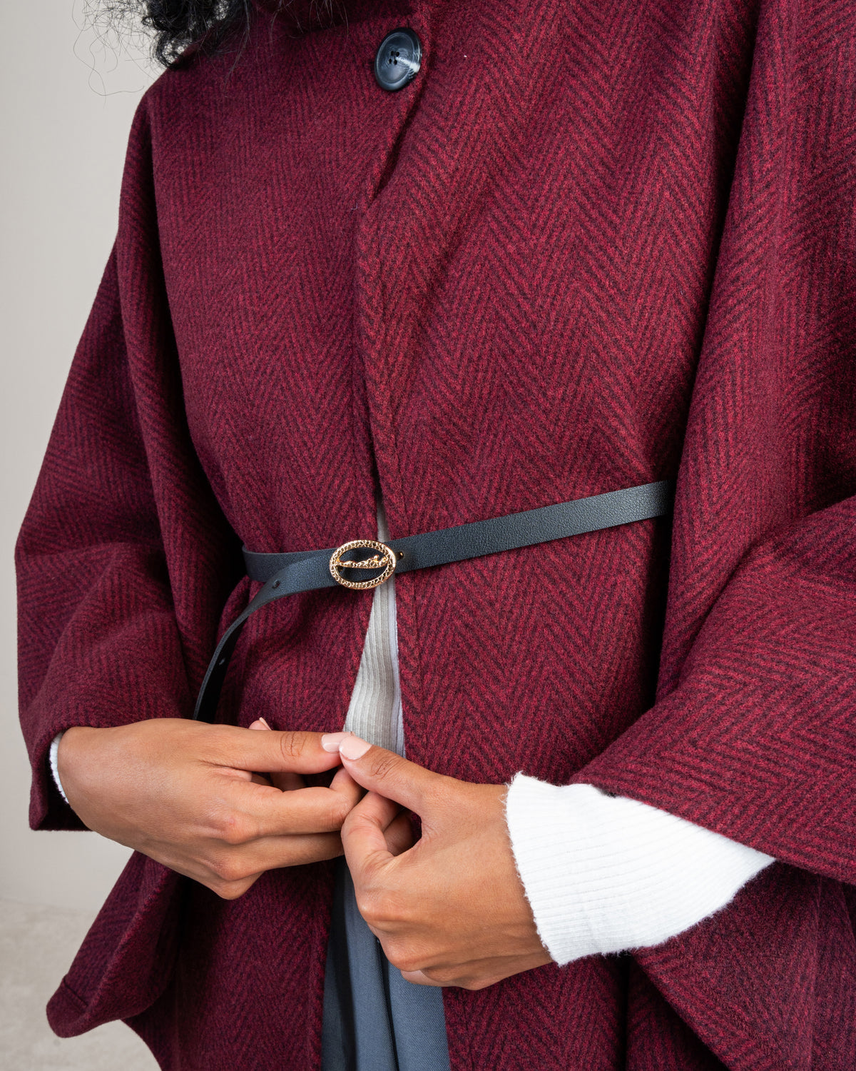 Open Wool Cape - With Belt And Buttons