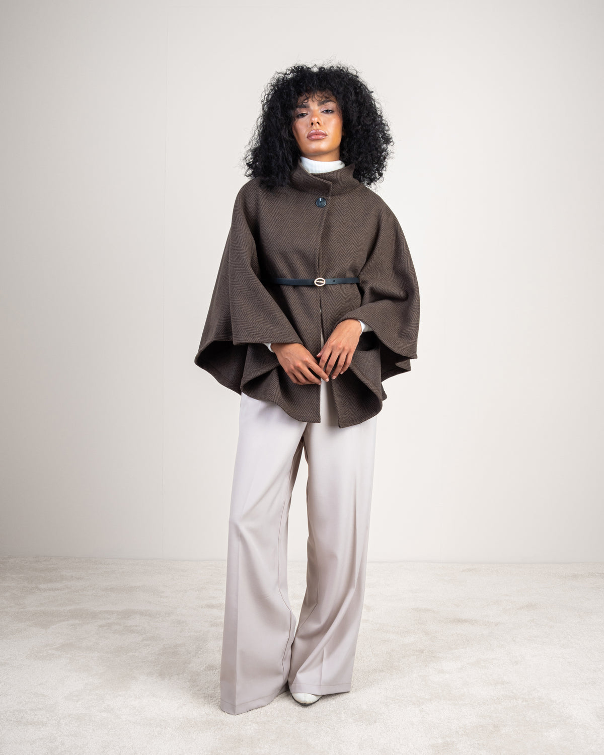 Open Wool Cape - With Belt And Buttons