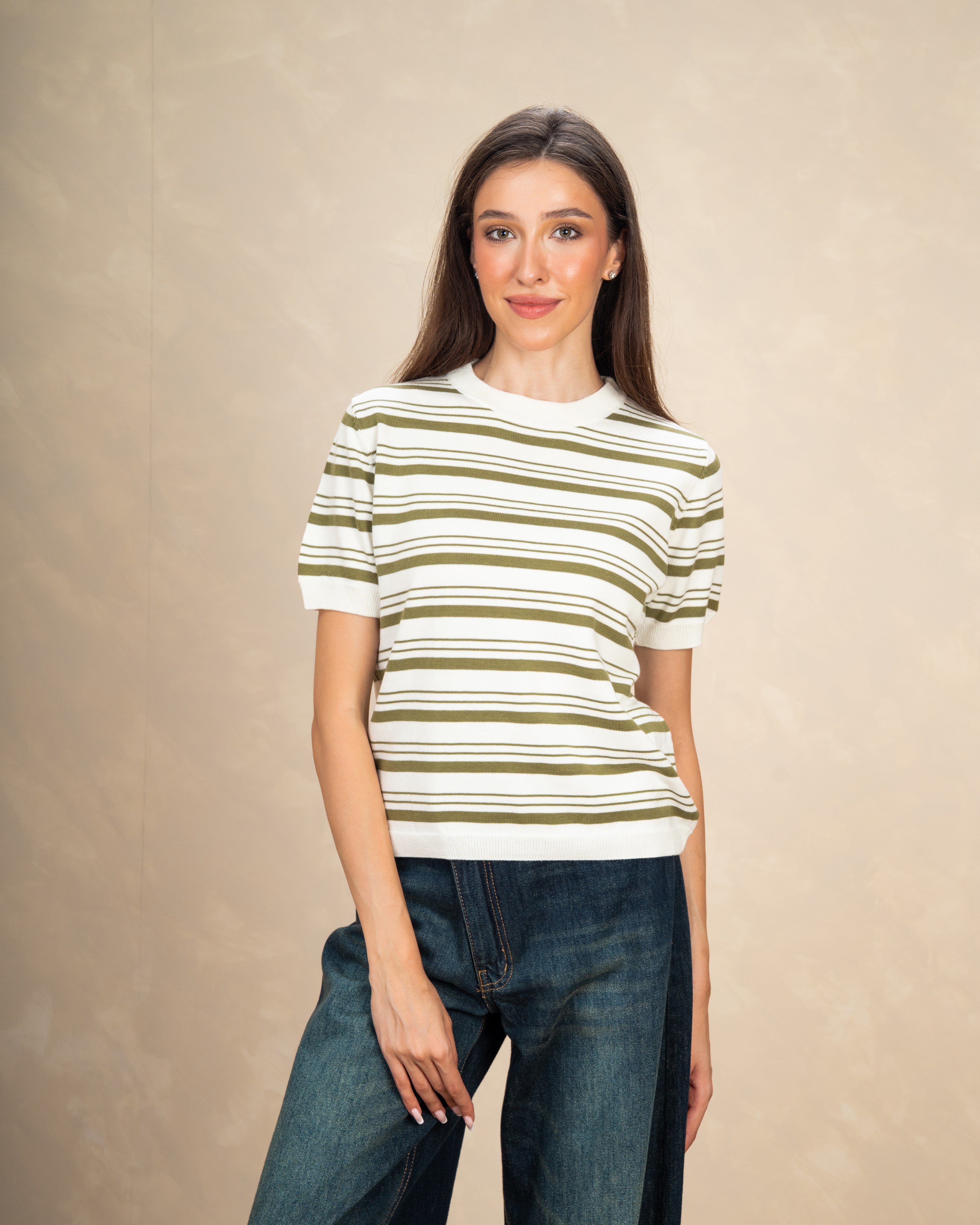Basic Round Neck Top With Patterned Stripes