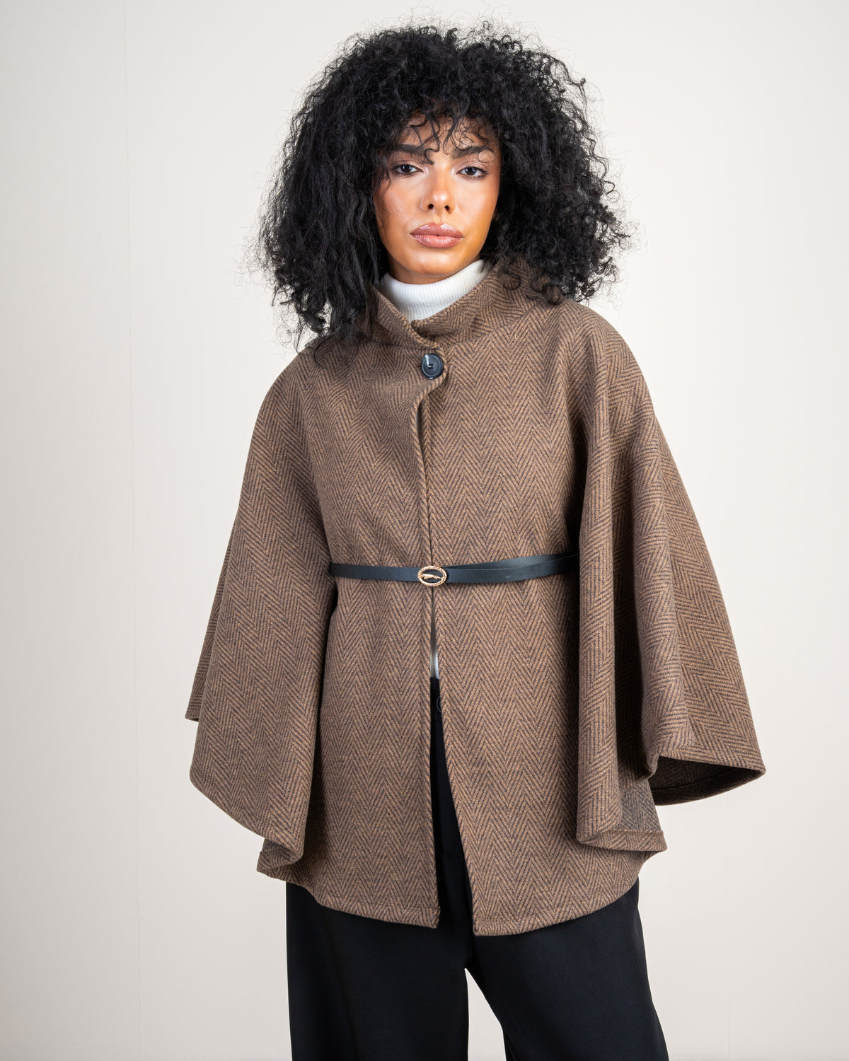 Open Wool Cape - With Belt And Buttons