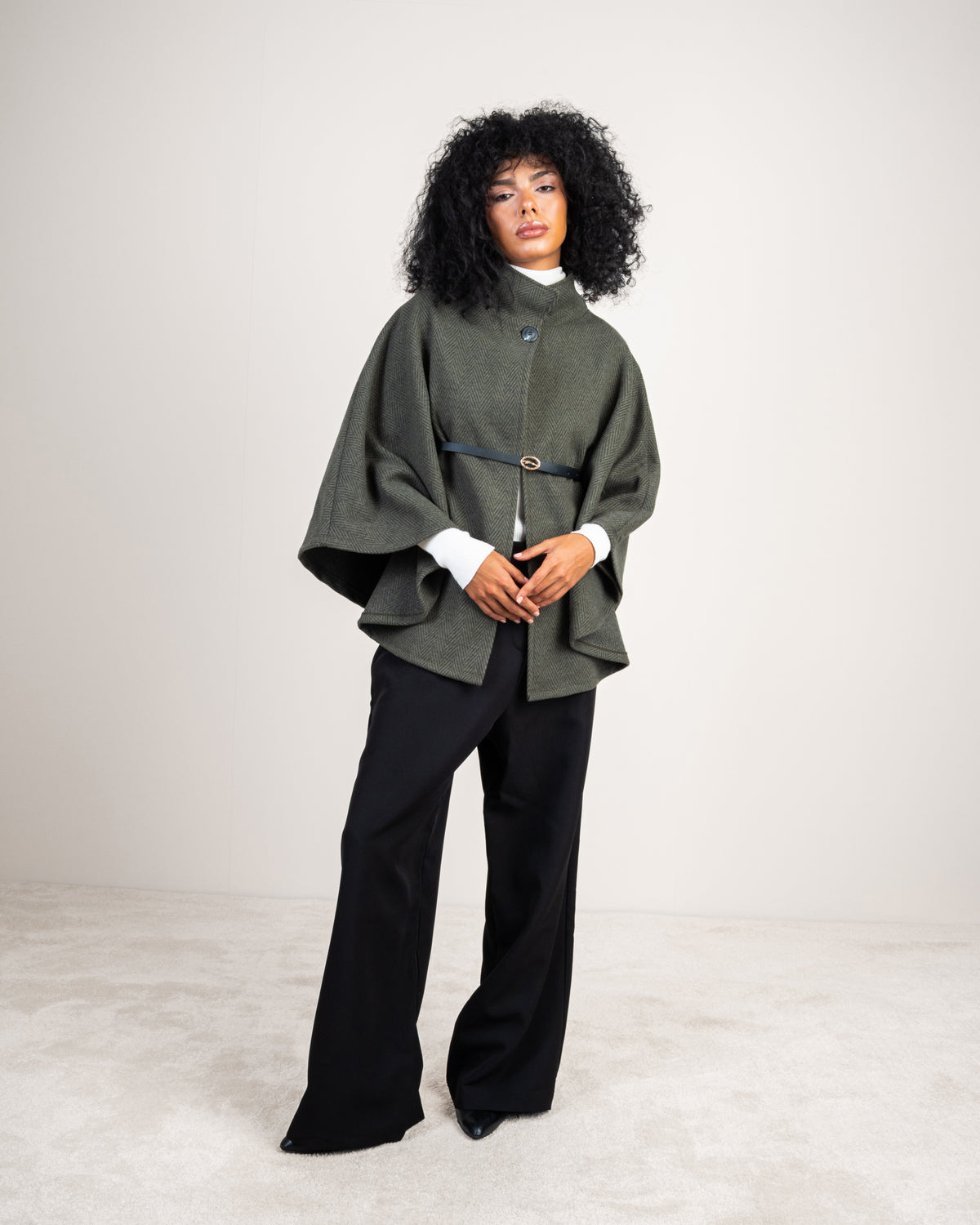 Open Wool Cape - With Belt And Buttons