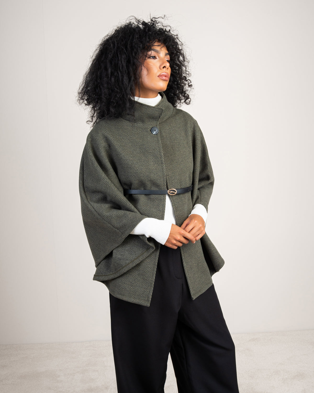 Open Wool Cape - With Belt And Buttons