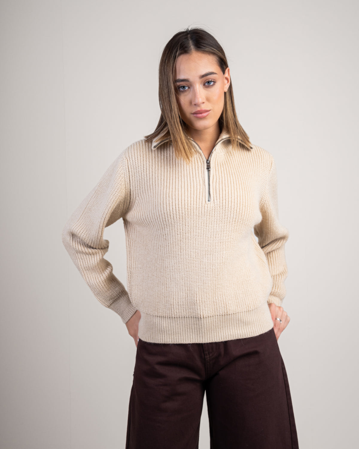 Cropped Knitwear Pullover - With Zip Neck