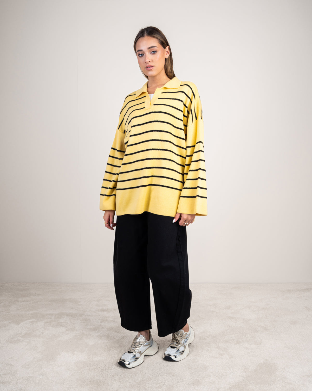 Striped Knitwear Pullover - With Long Collar