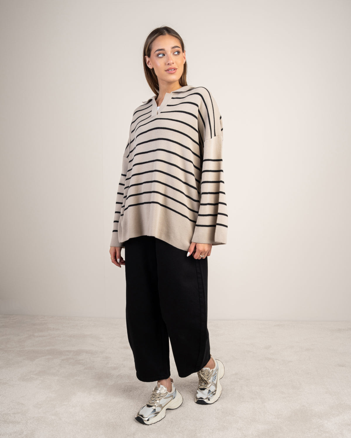 Striped Knitwear Pullover - With Long Collar