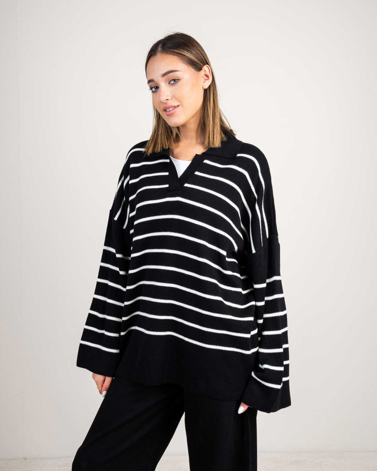 Striped Knitwear Pullover - With Long Collar
