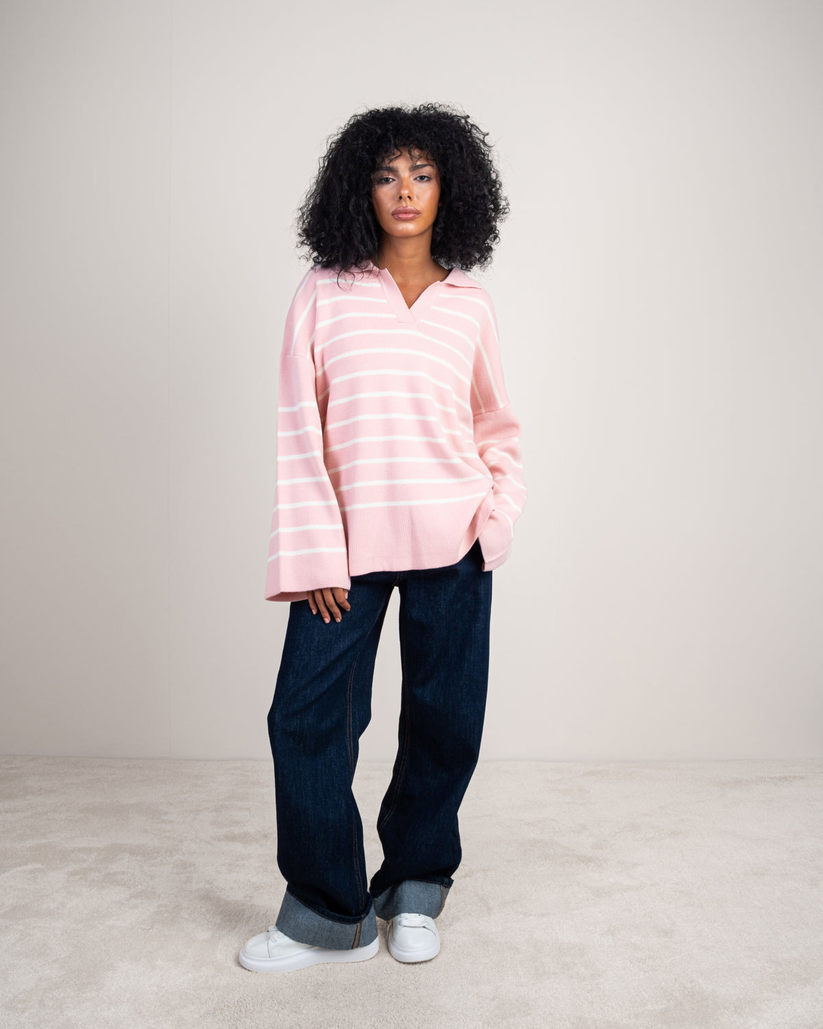 Striped Knitwear Pullover - With Long Collar