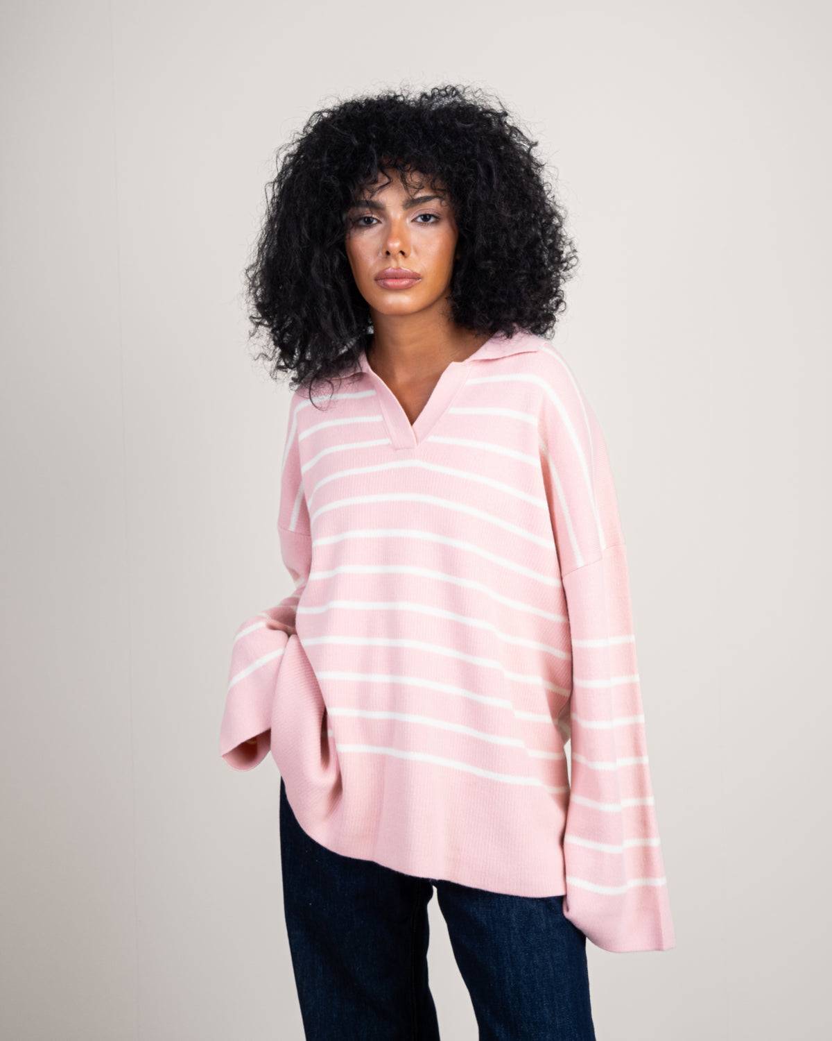 Striped Knitwear Pullover - With Long Collar