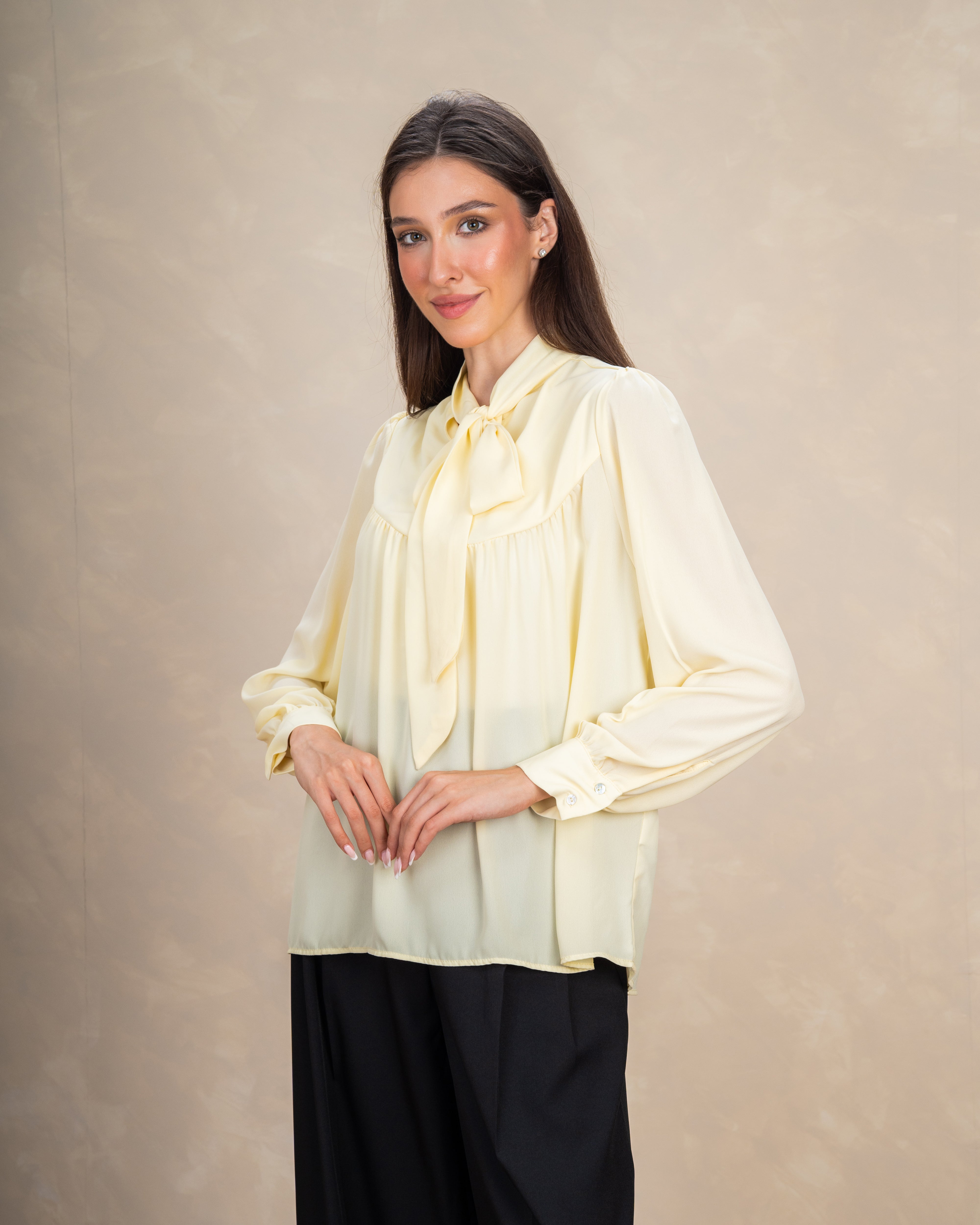 Long Plain Blouse With Colorful Neck Tie