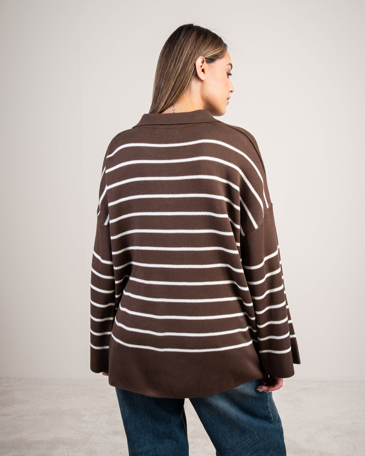 Striped Knitwear Pullover - With Long Collar