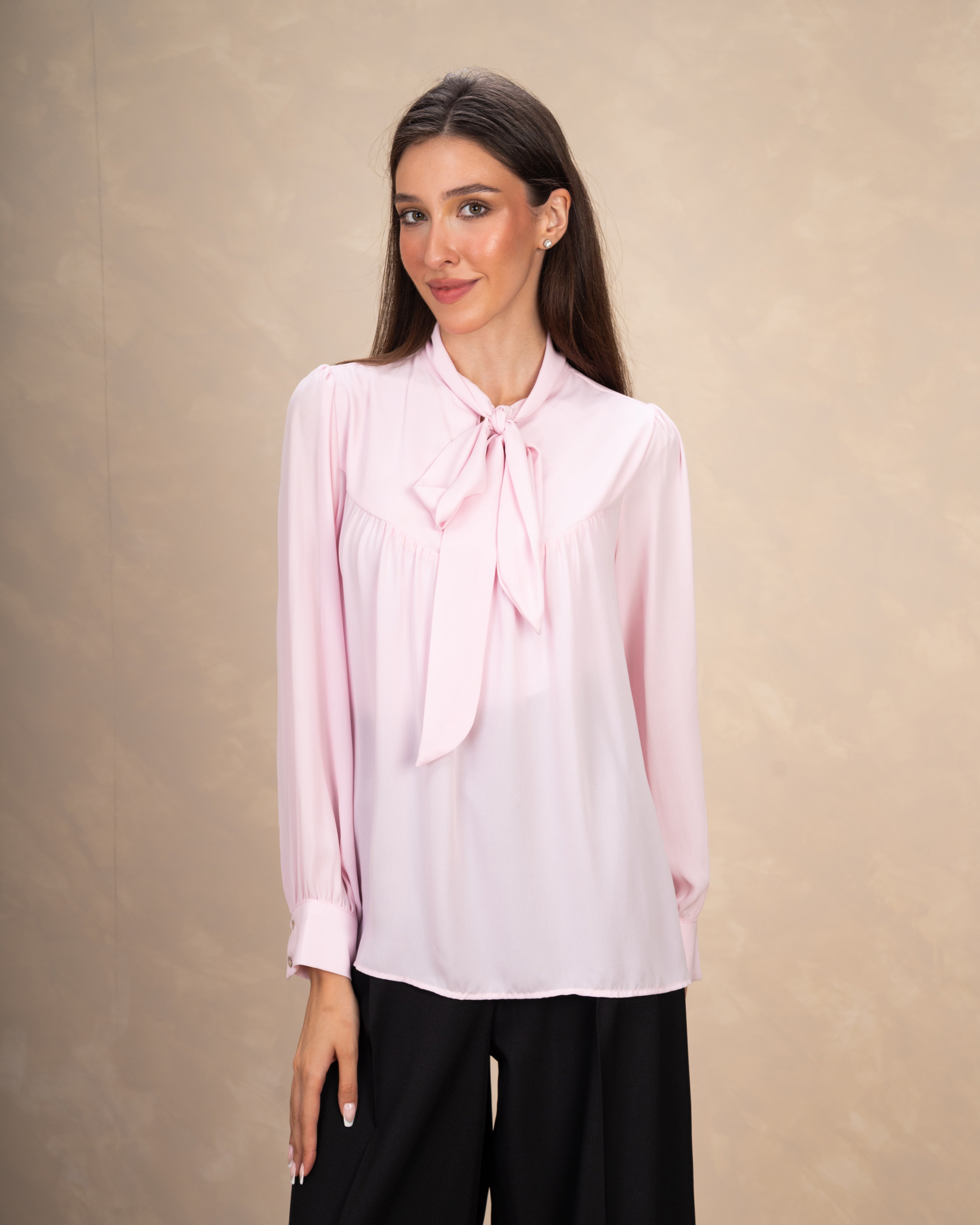 Long Plain Blouse With Colorful Neck Tie