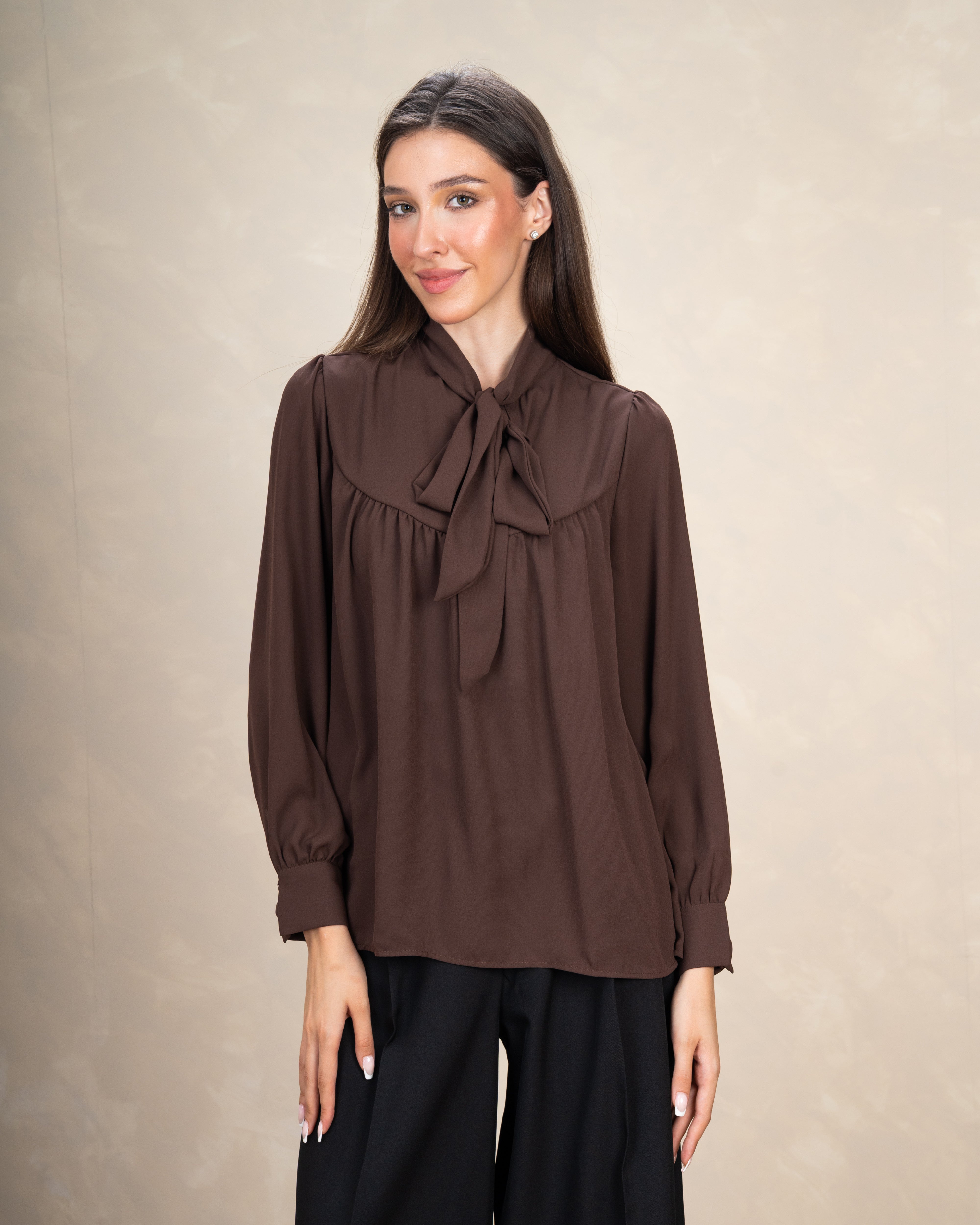 Long Plain Blouse With Colorful Neck Tie