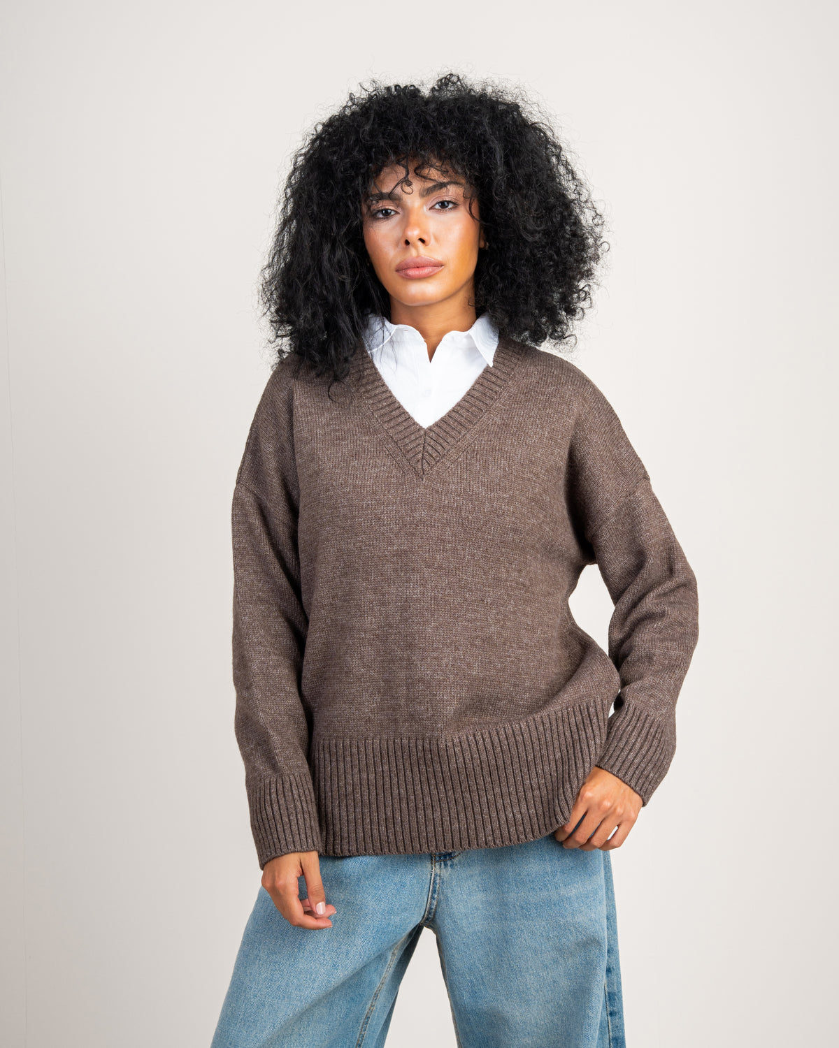 Plain V-Neck Knitwear Pullover