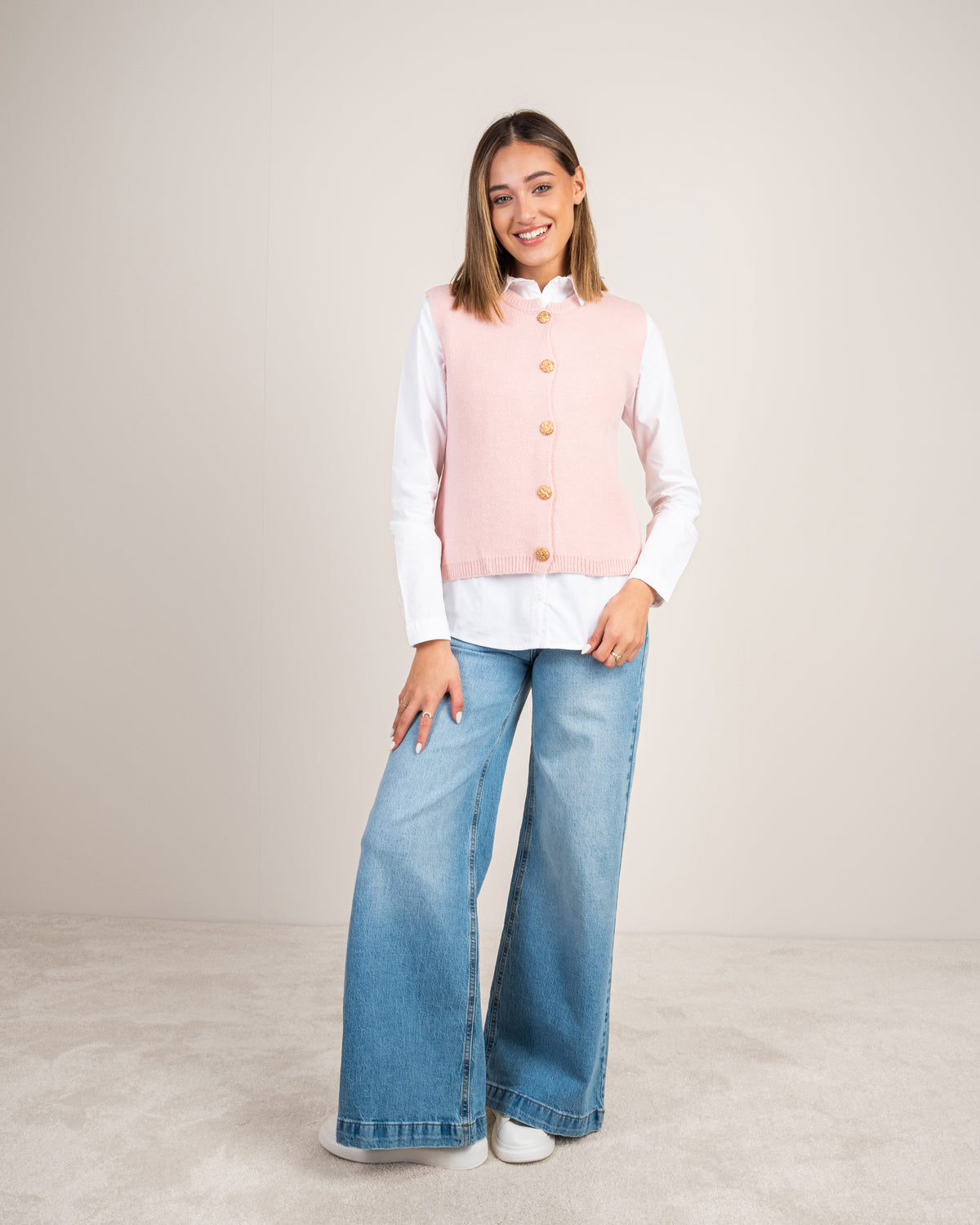 Gold Button Cropped Knitwear Vest