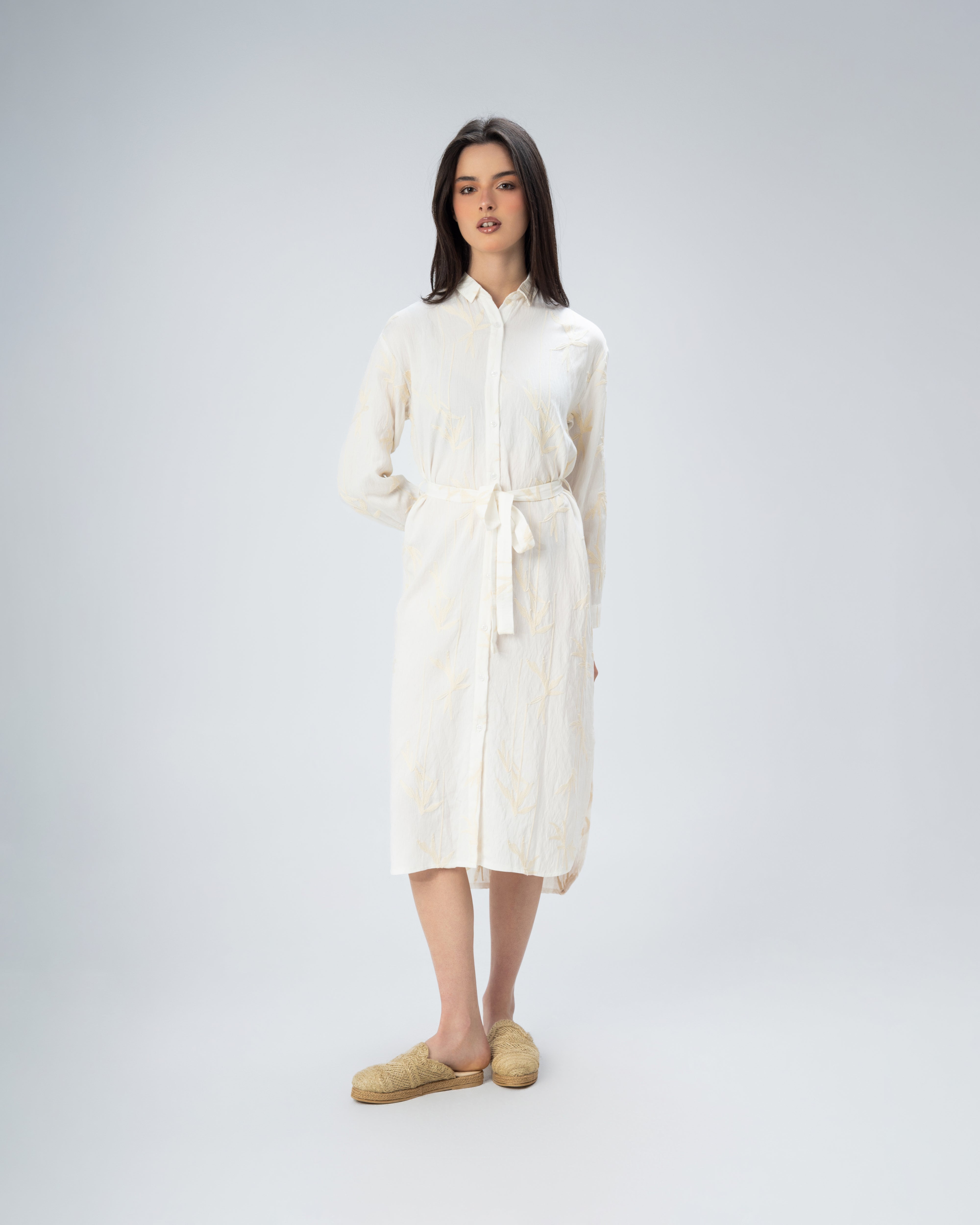 Short Floral Embroidered - Dress With Belt
