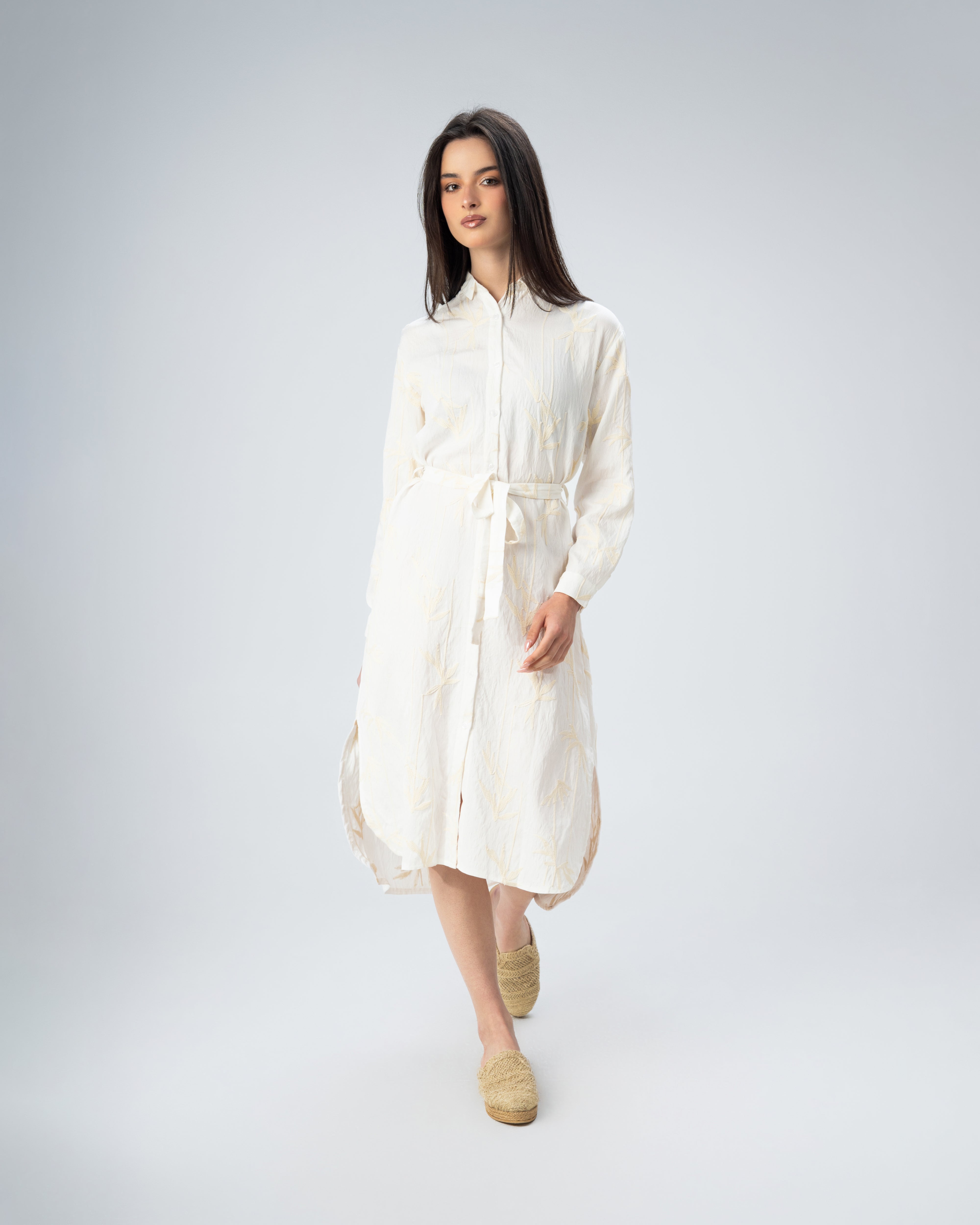 Short Floral Embroidered - Dress With Belt