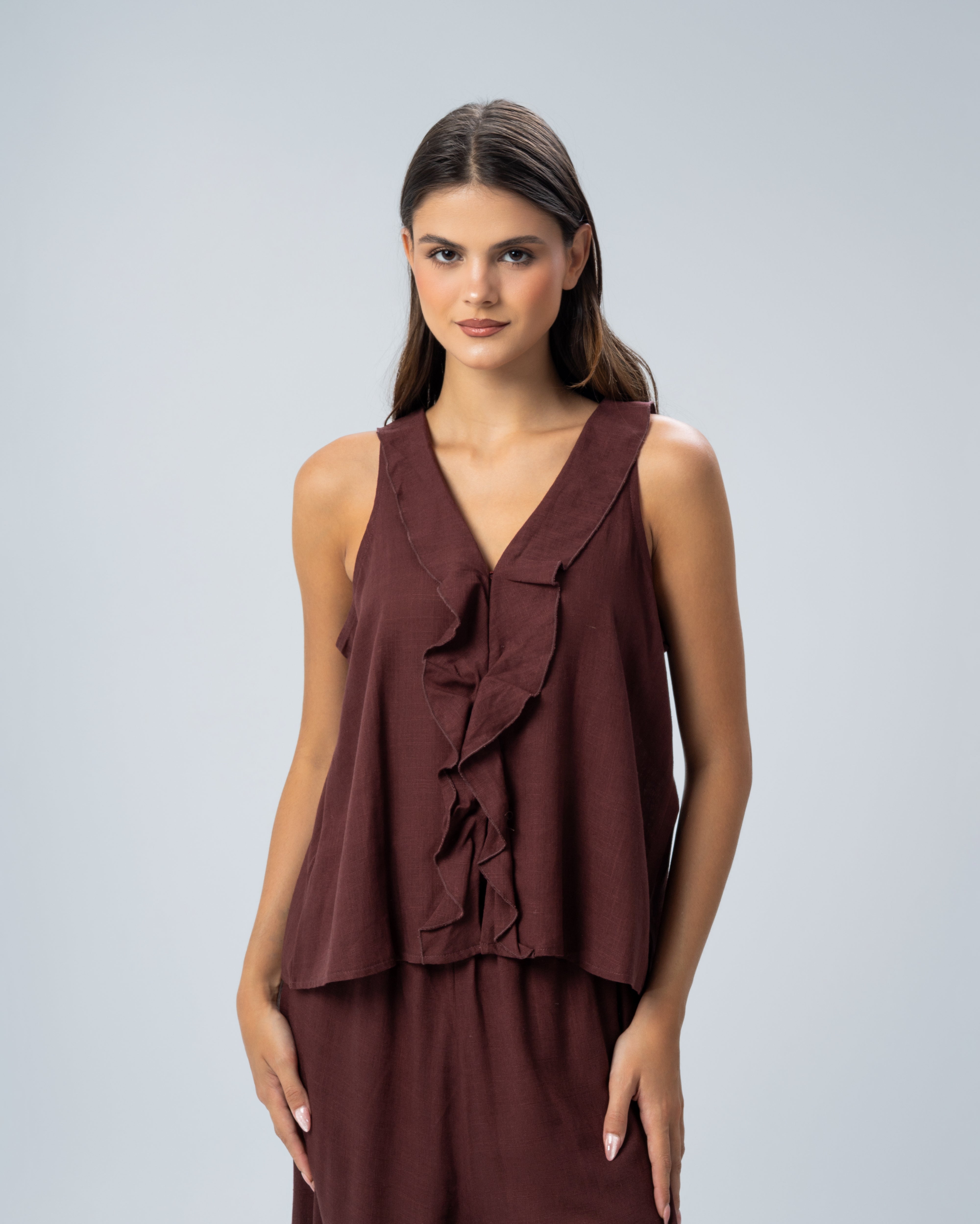Sleeveless V-Neck Ruffled Linen Blouse