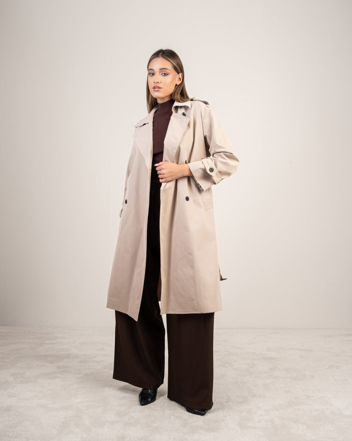 Gabardine trench coat with a belt