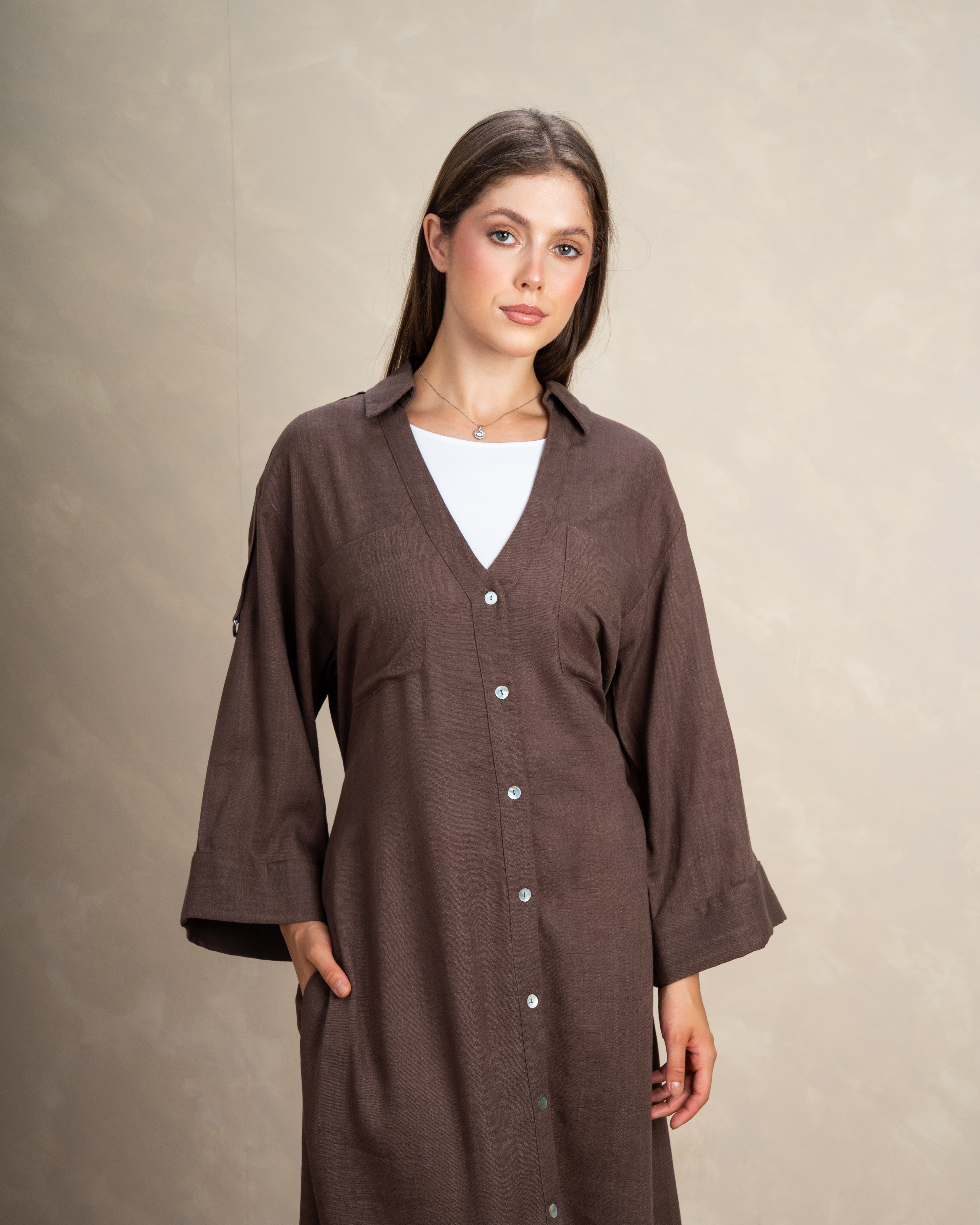 Plain Button-Up Dress With Two Pockets