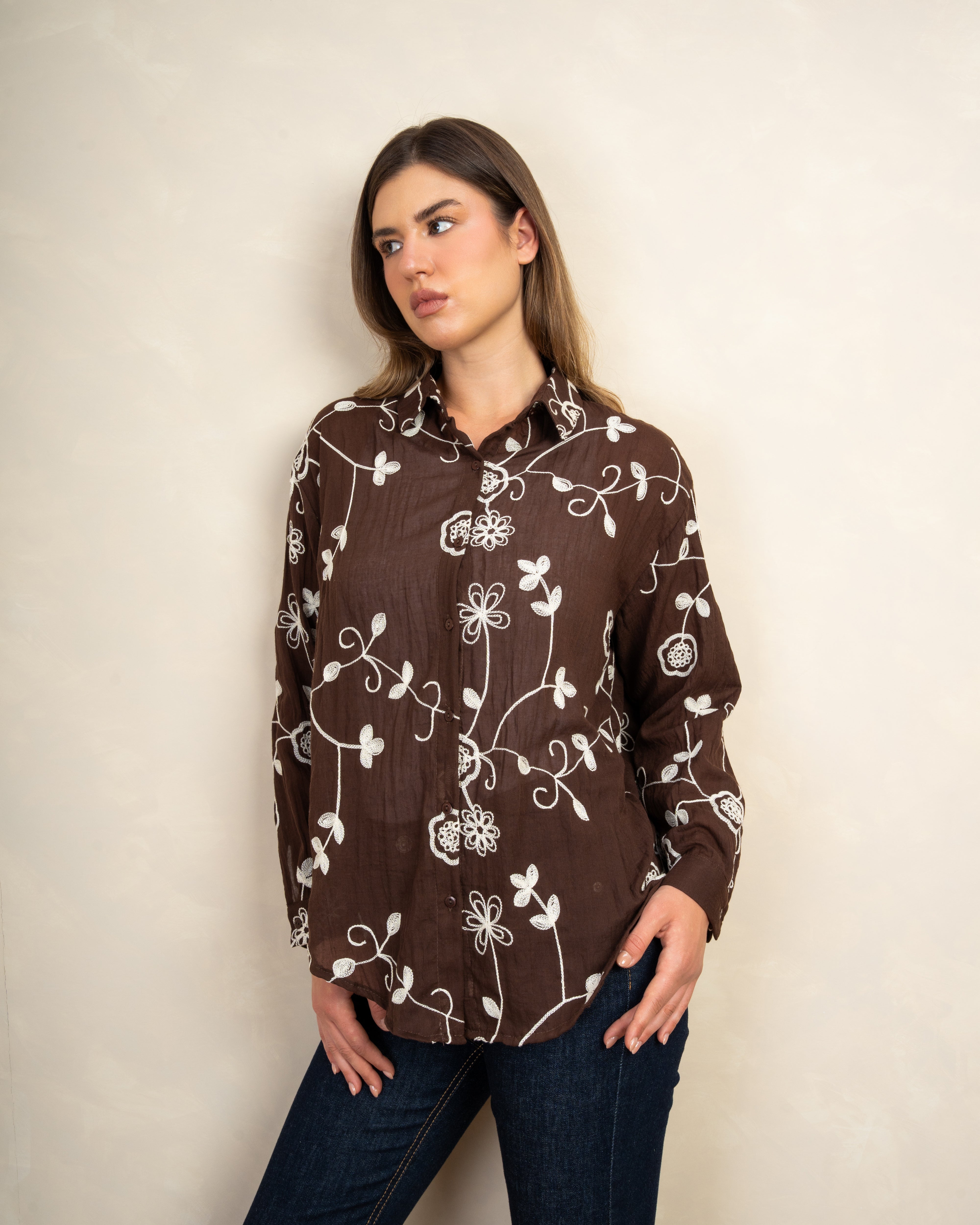 Long Shirt With Intertwined Floral Embroidery