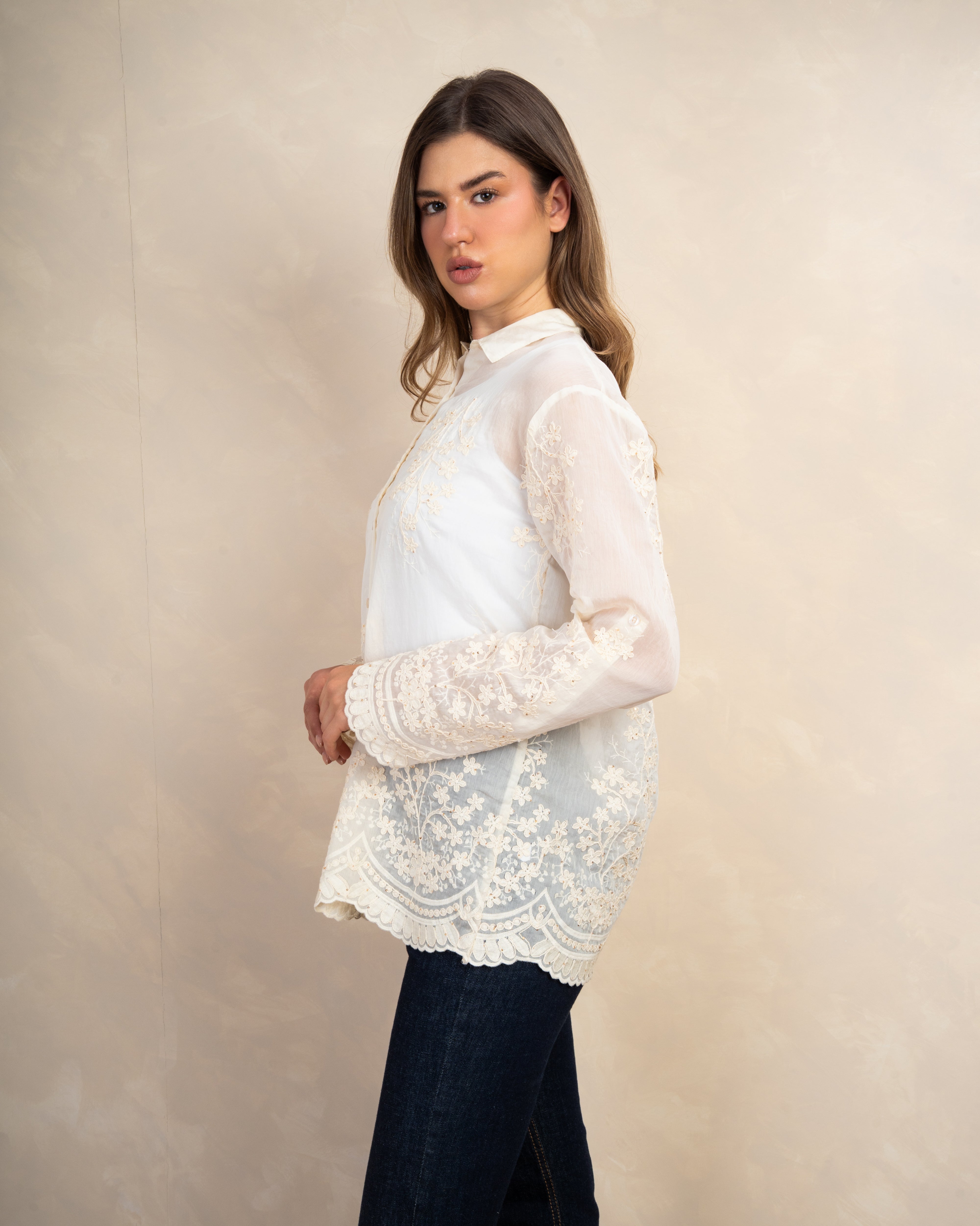 Long Shirt With Floral Waist Embroidery