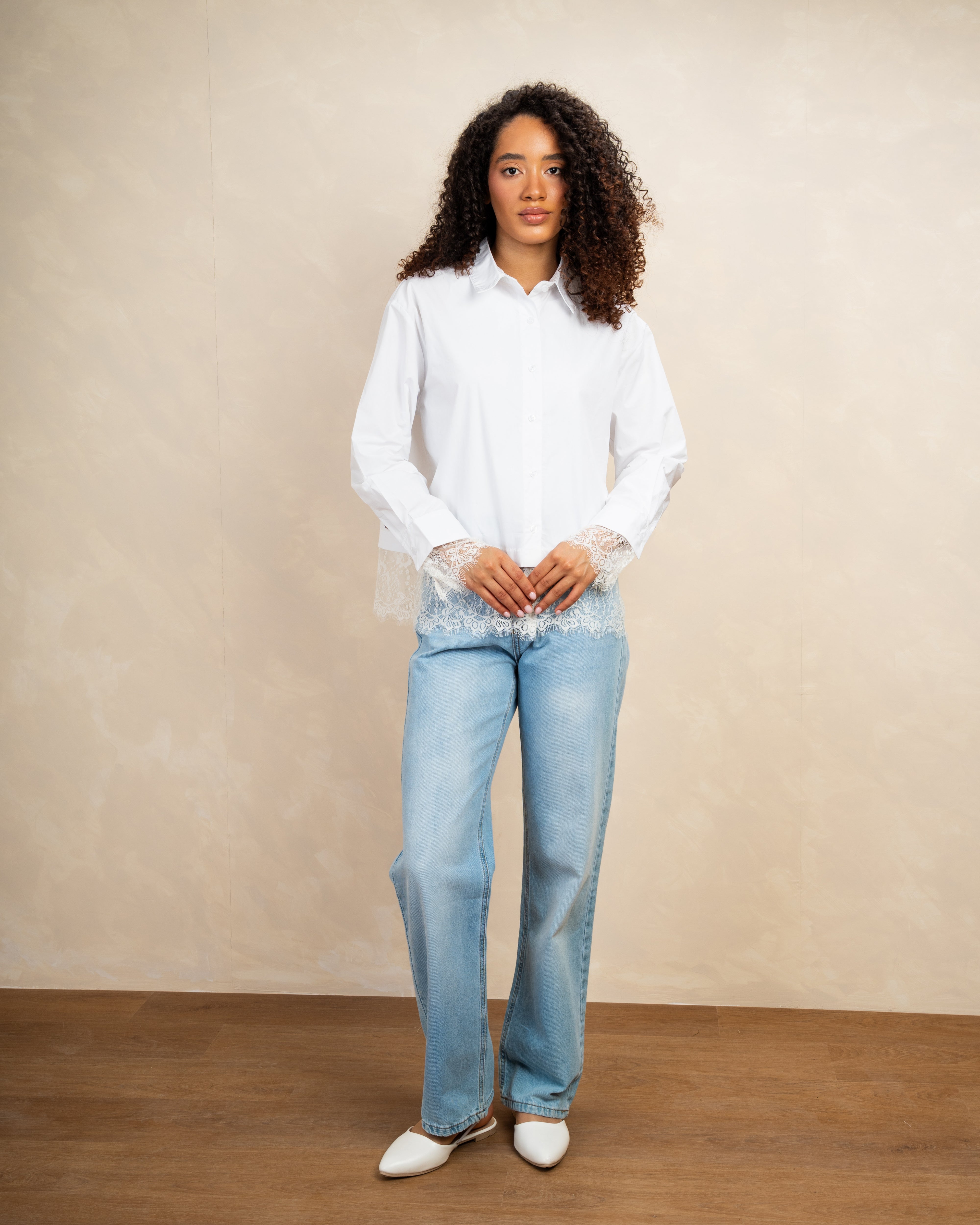 Plain Shirt With Floral Lace Sleeves And Waist