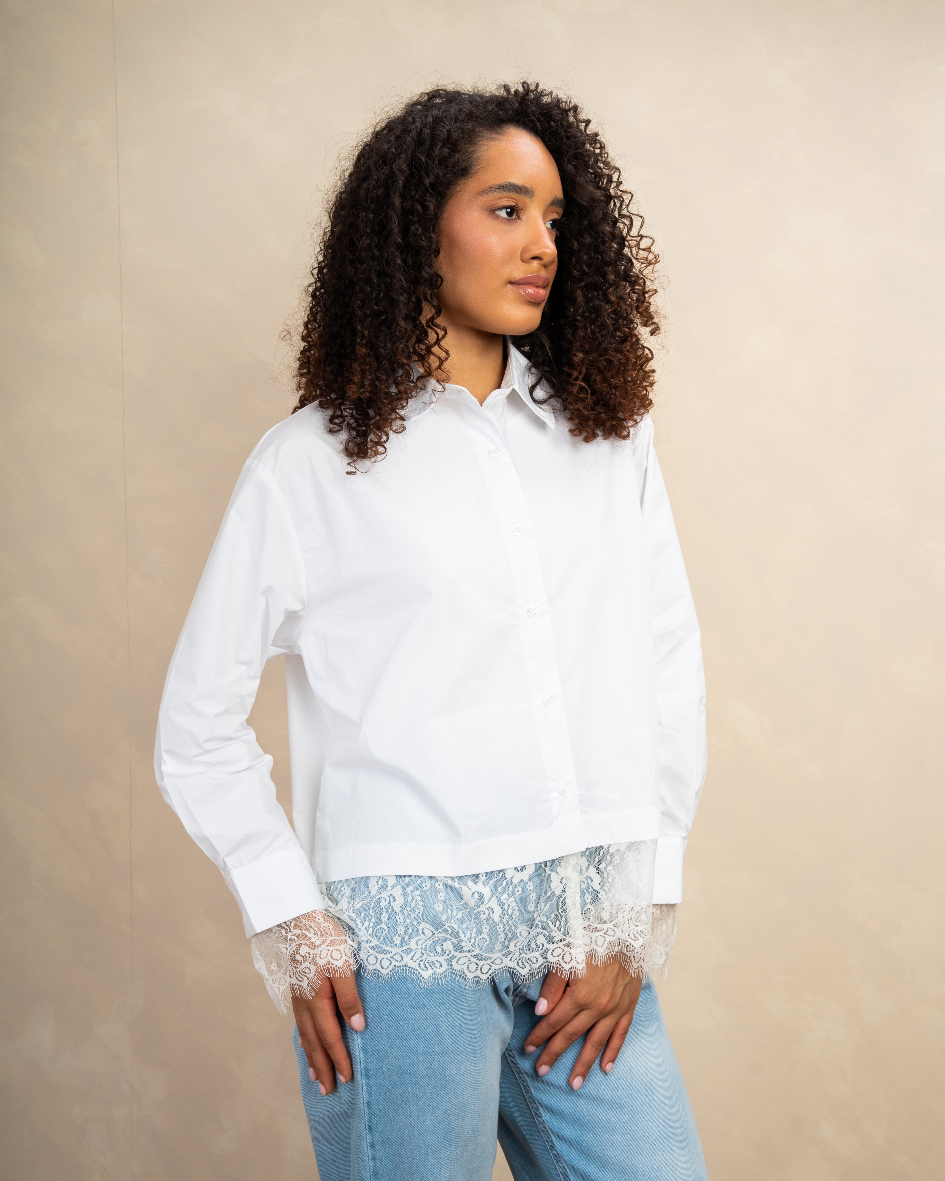 Plain Shirt With Floral Lace Sleeves And Waist