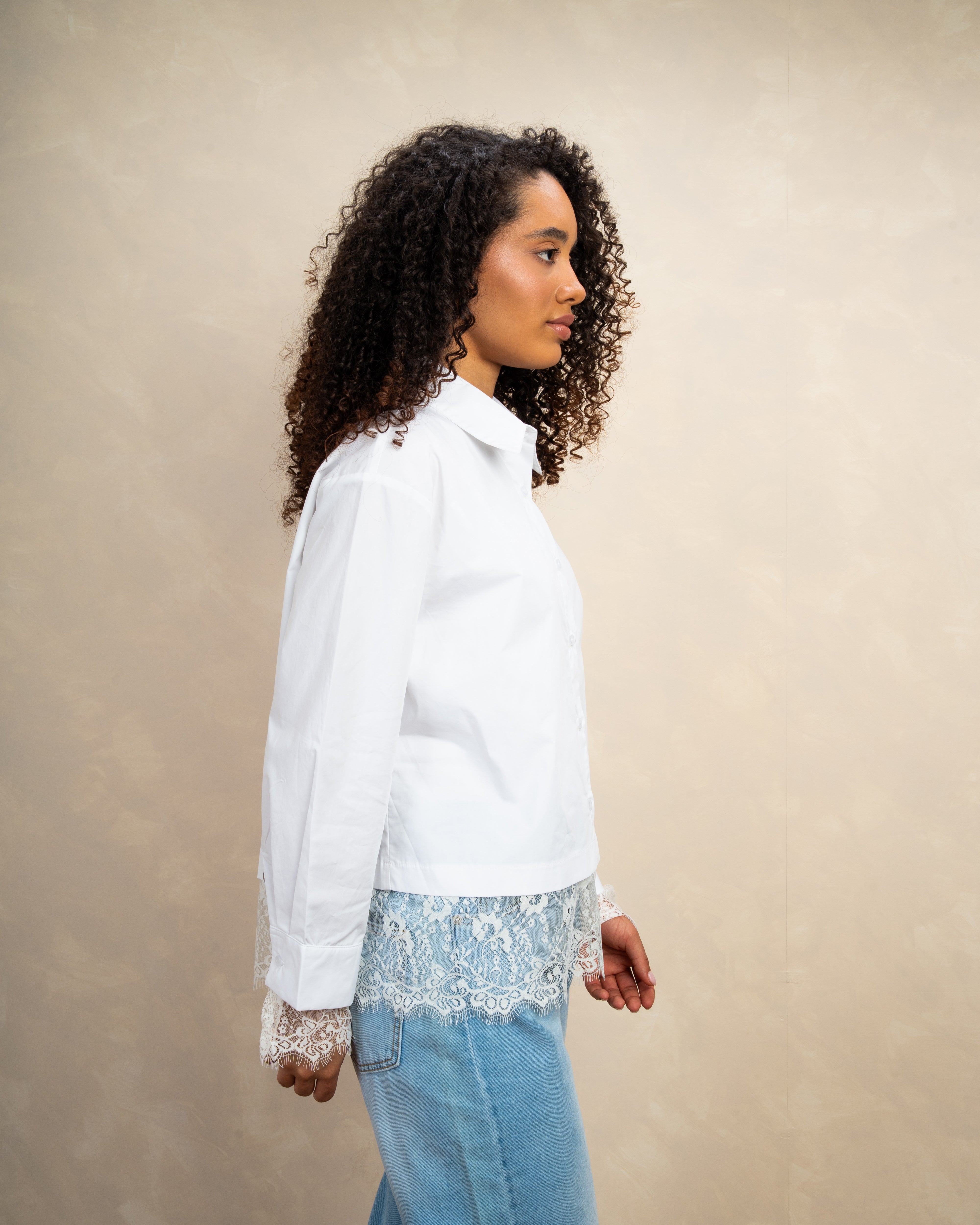 Plain Shirt With Floral Lace Sleeves And Waist