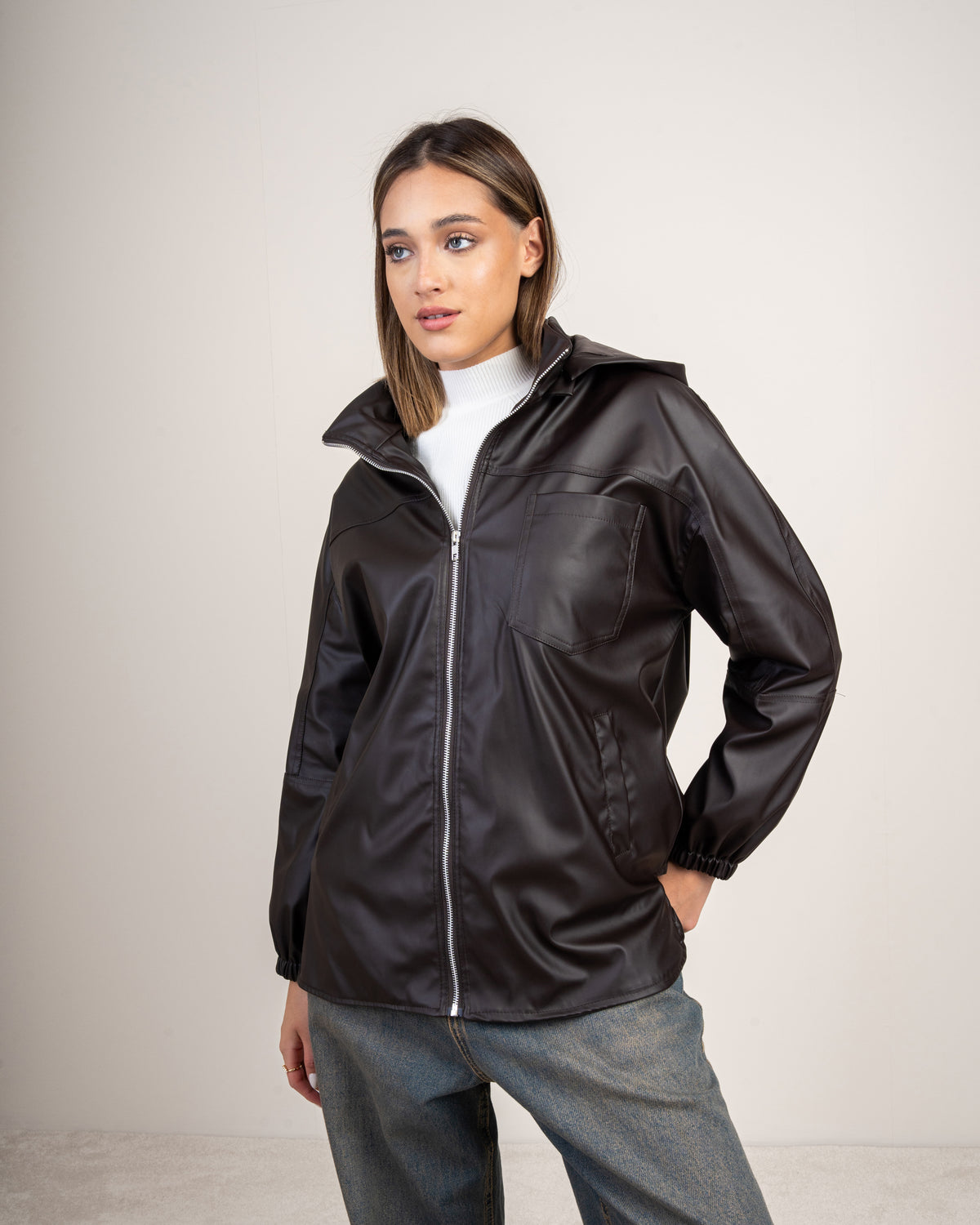 Leather jacket with a pocket on the side