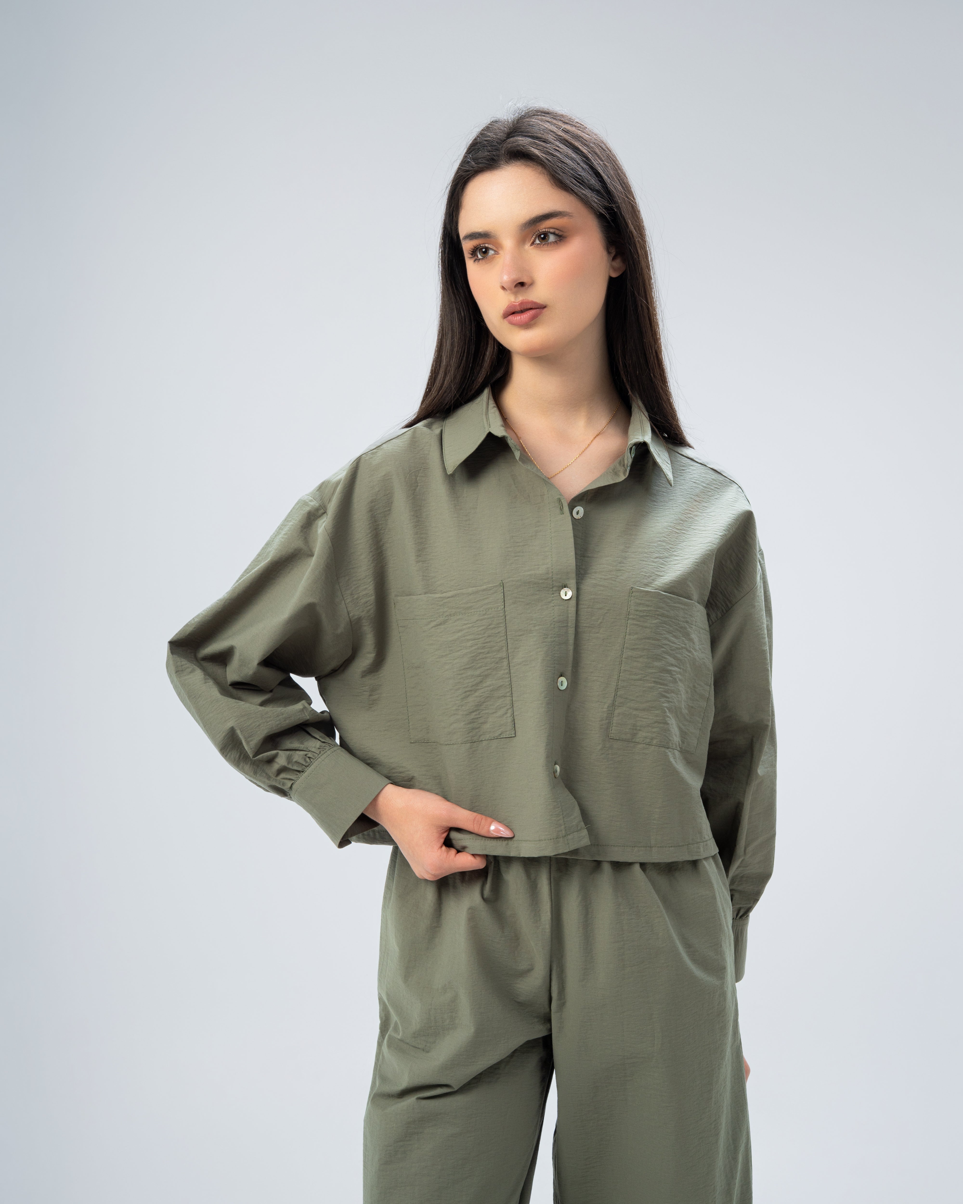 Short Gabardine Shirt with Two Large Pockets