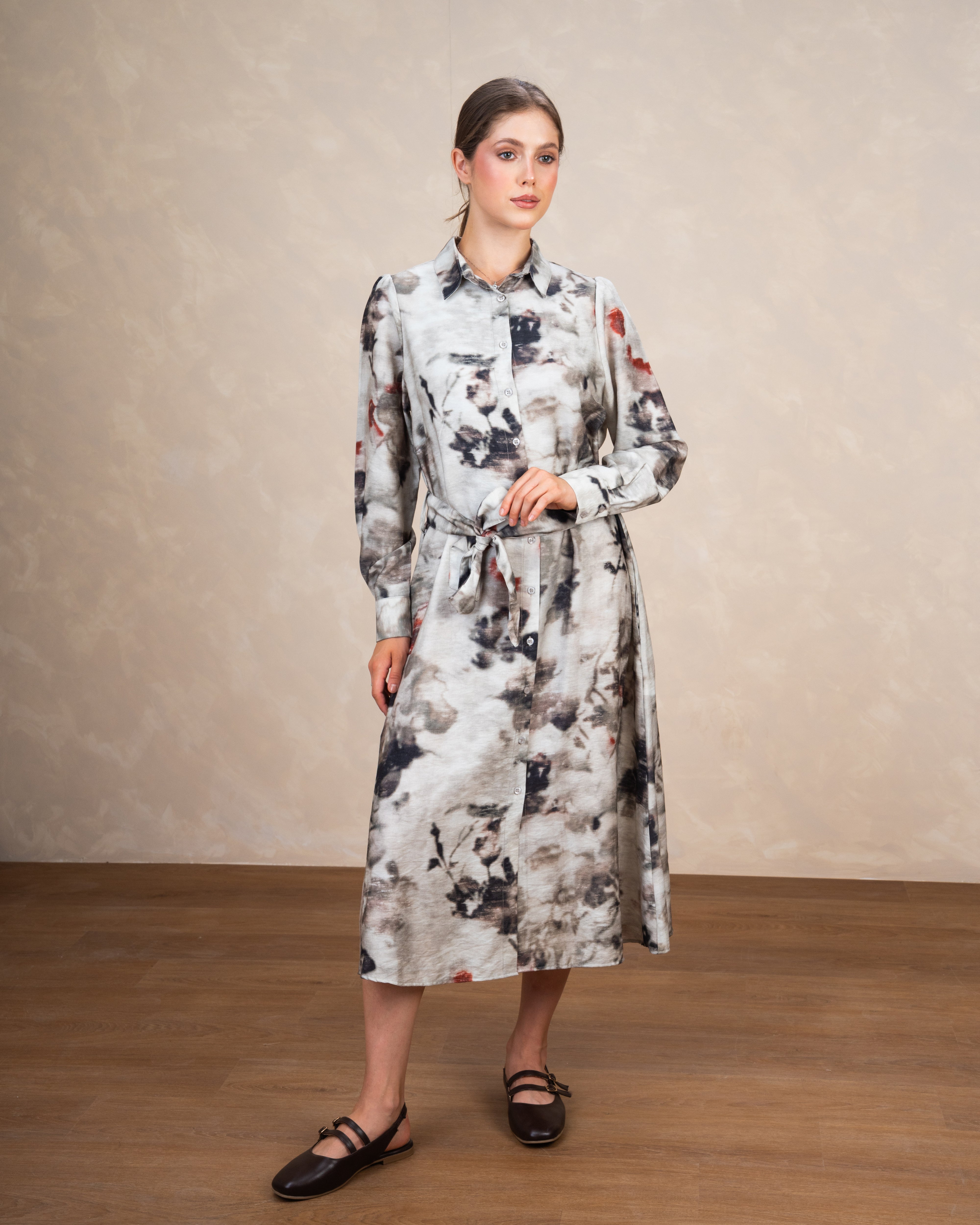 Allover Floral Dress With Waist Belt