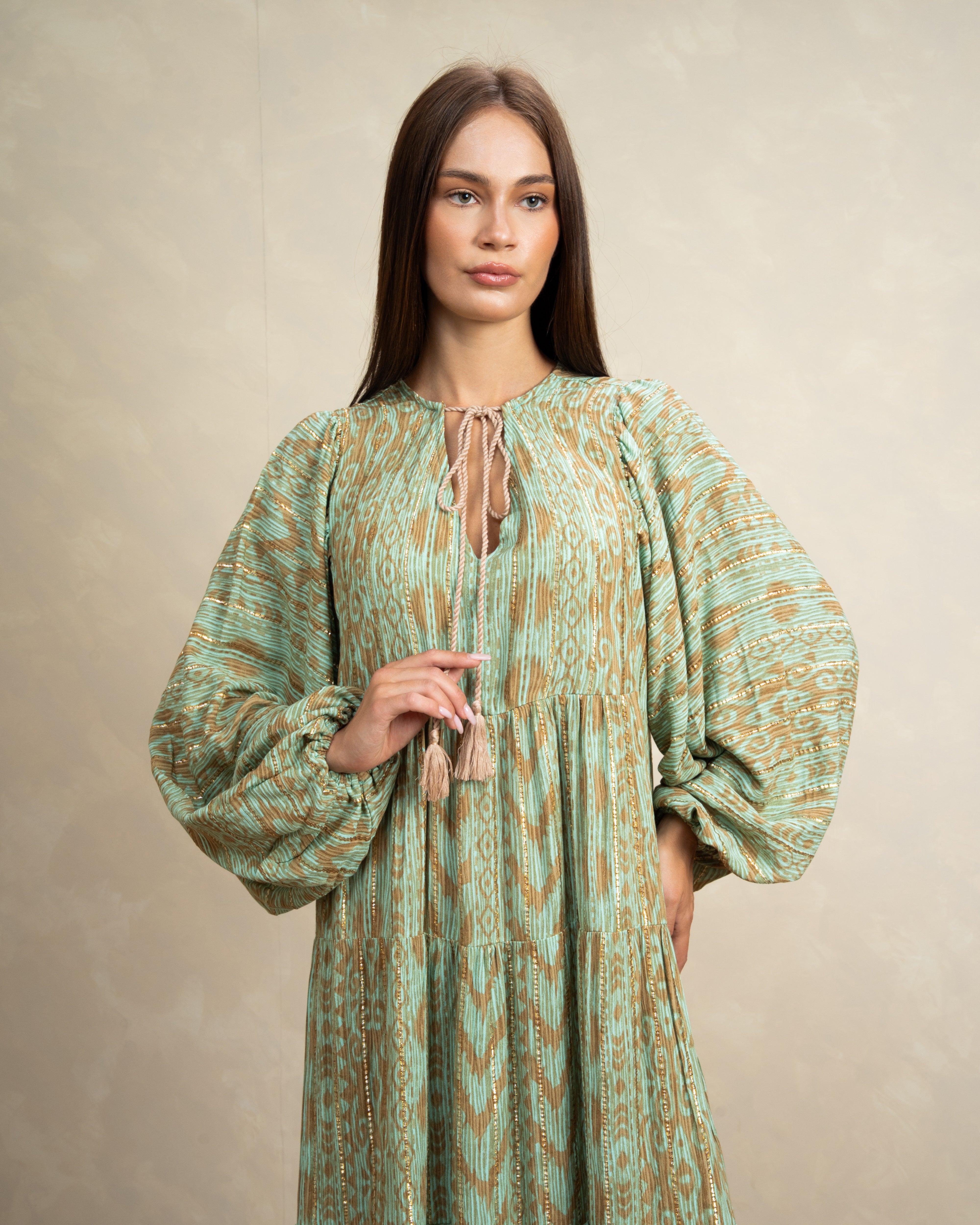 Patterned Tie Neck Dress