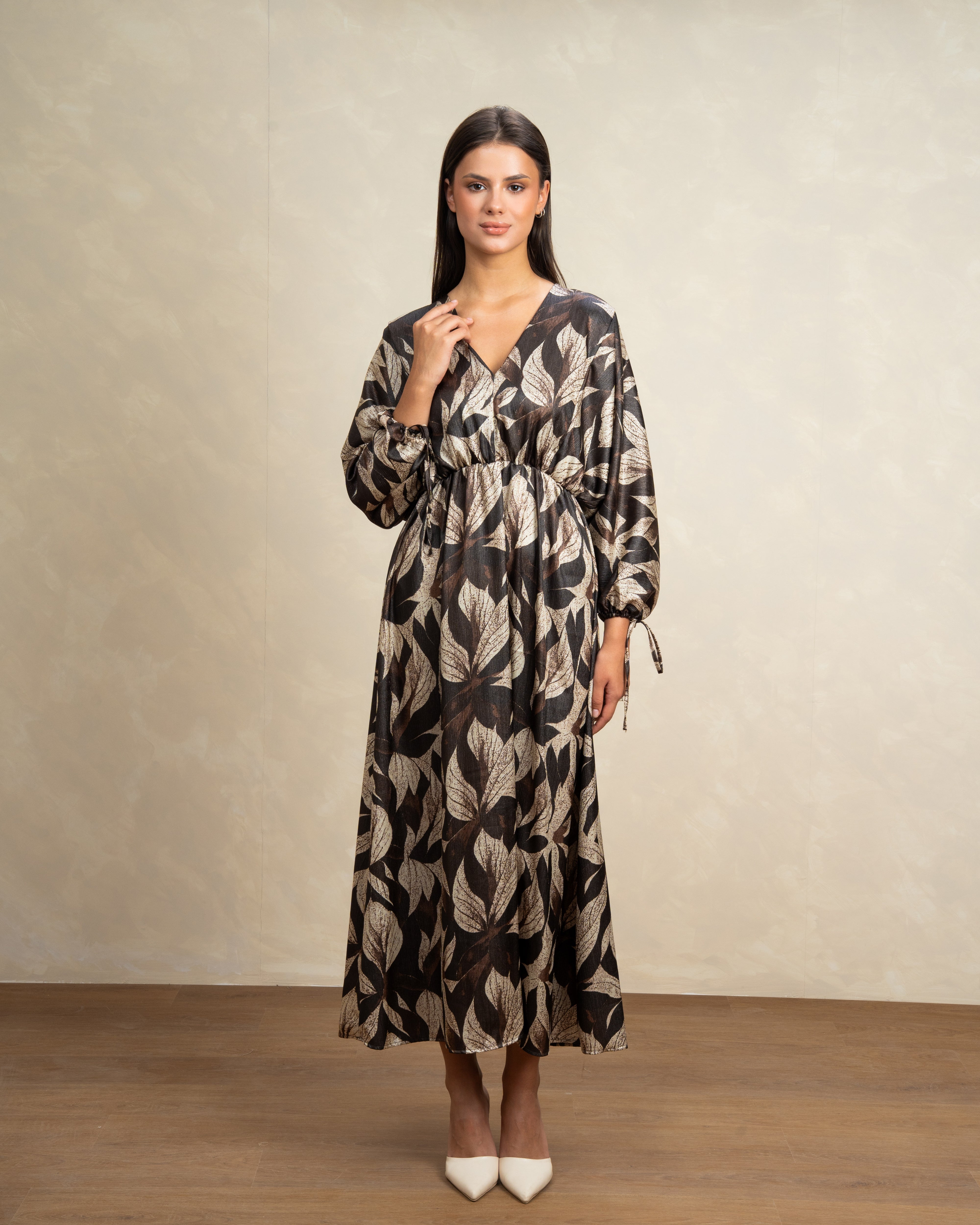 Mixed Print Dress With Tie Sleeves