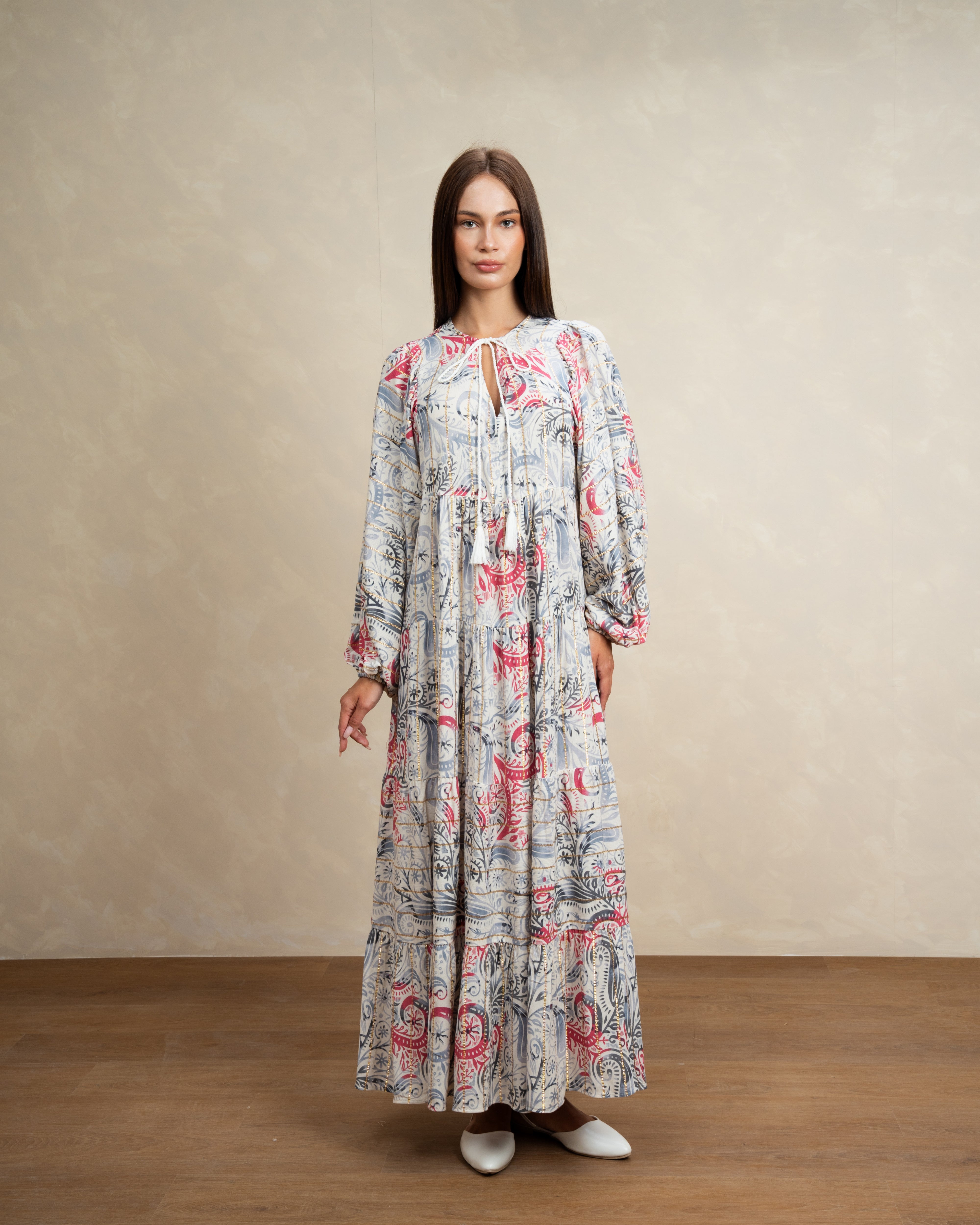 Patterned Tie Neck Dress