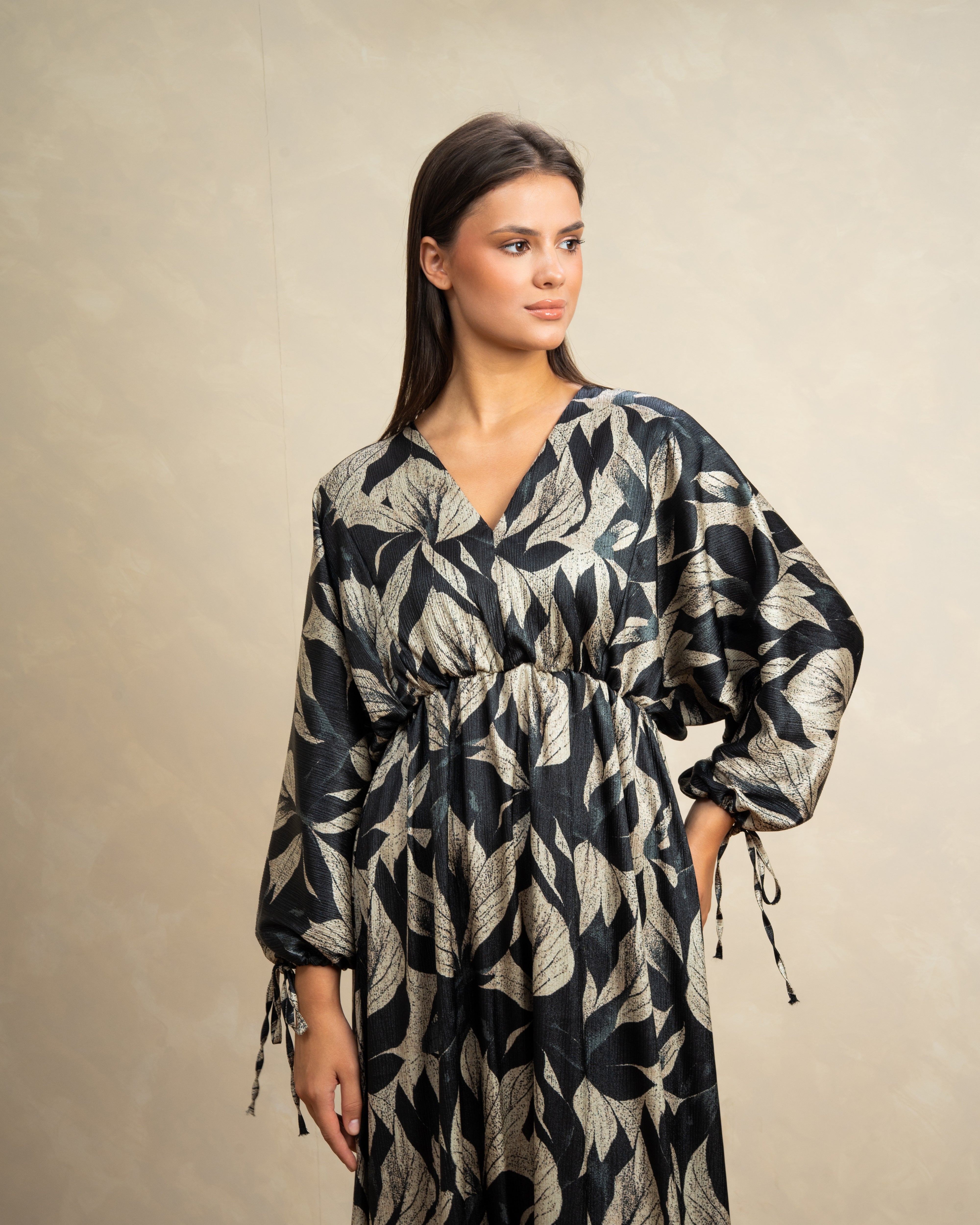 Mixed Print Dress With Tie Sleeves