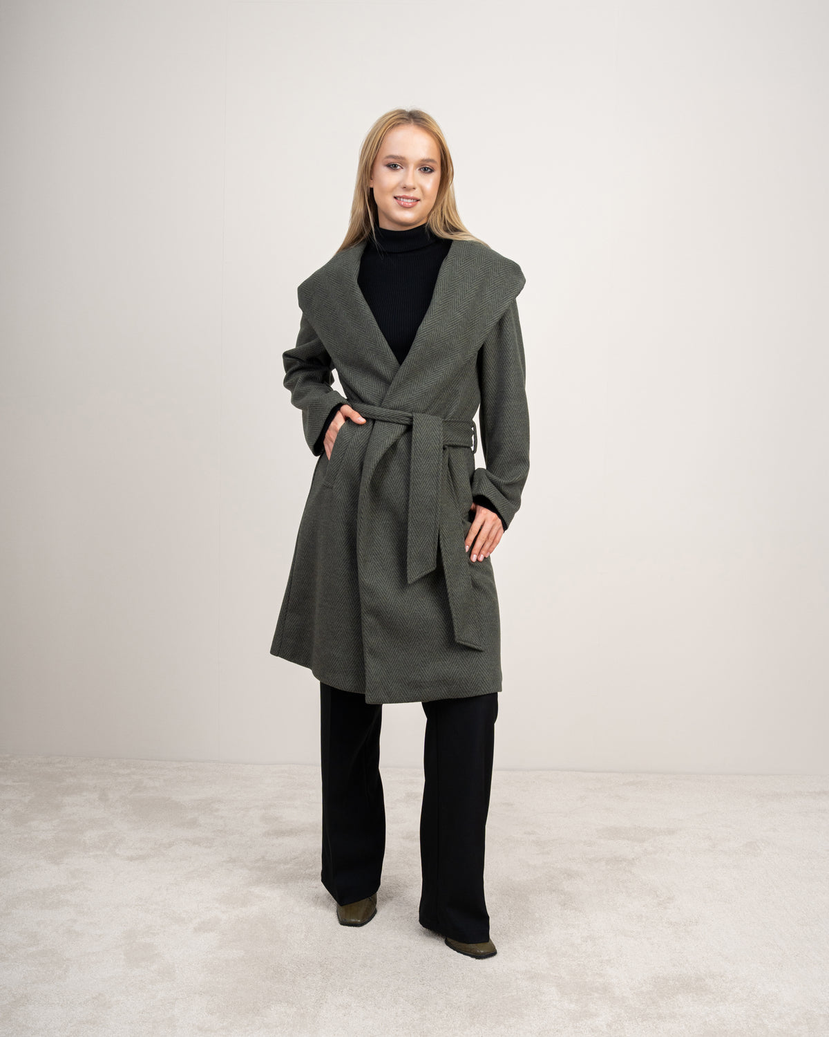 Patterned Wool Coat With Belt