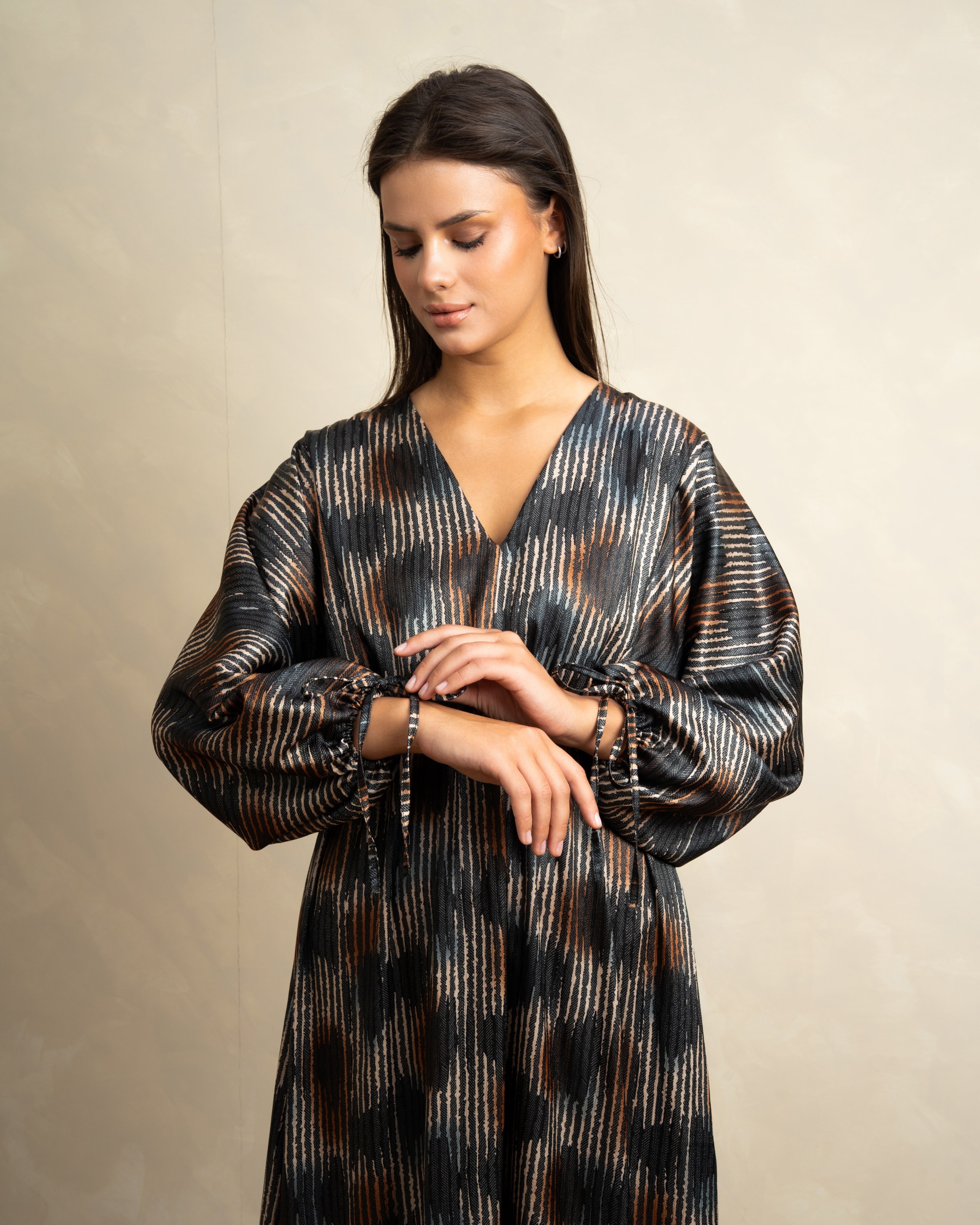 Mixed Print Dress With Tie Sleeves