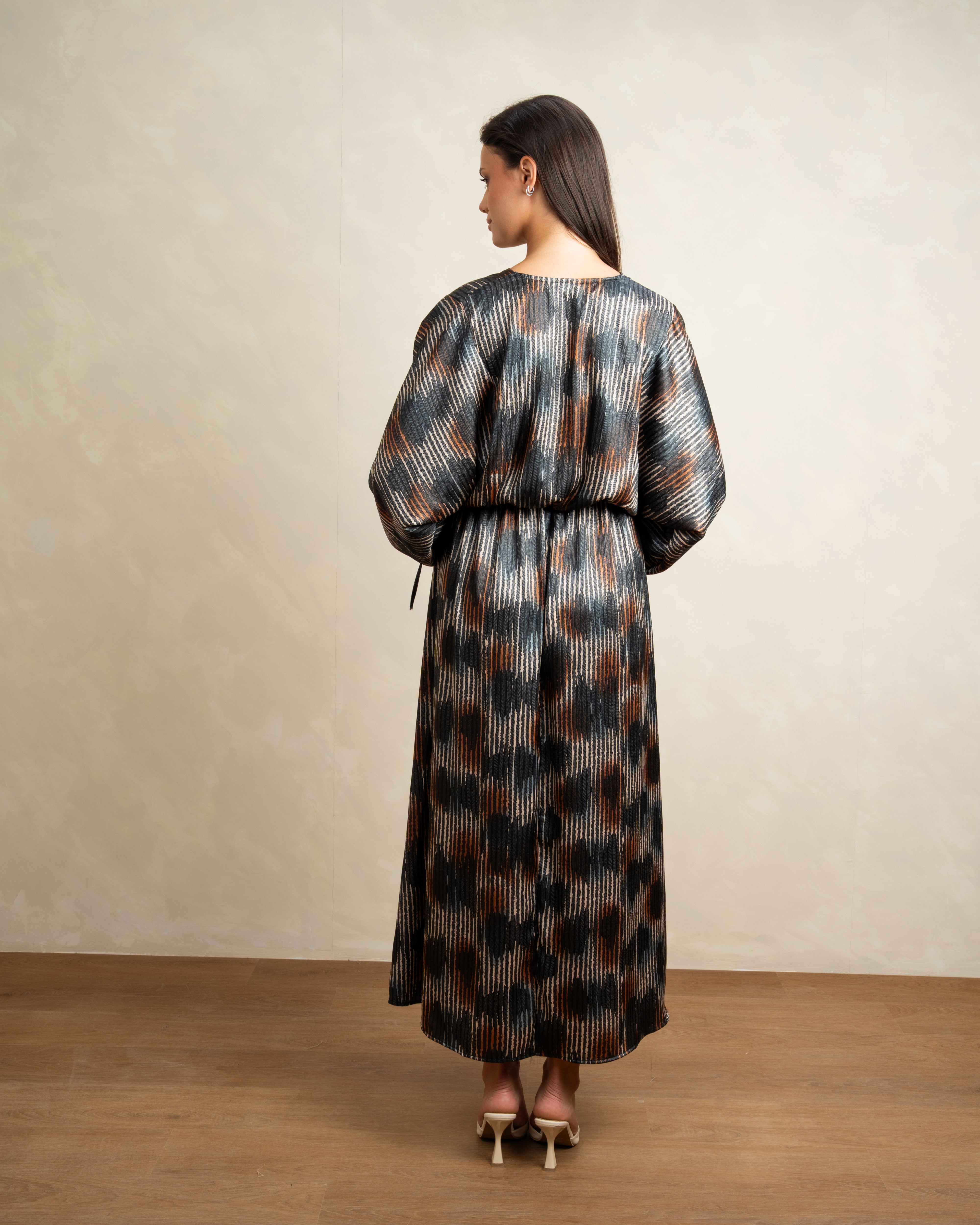 Mixed Print Dress With Tie Sleeves