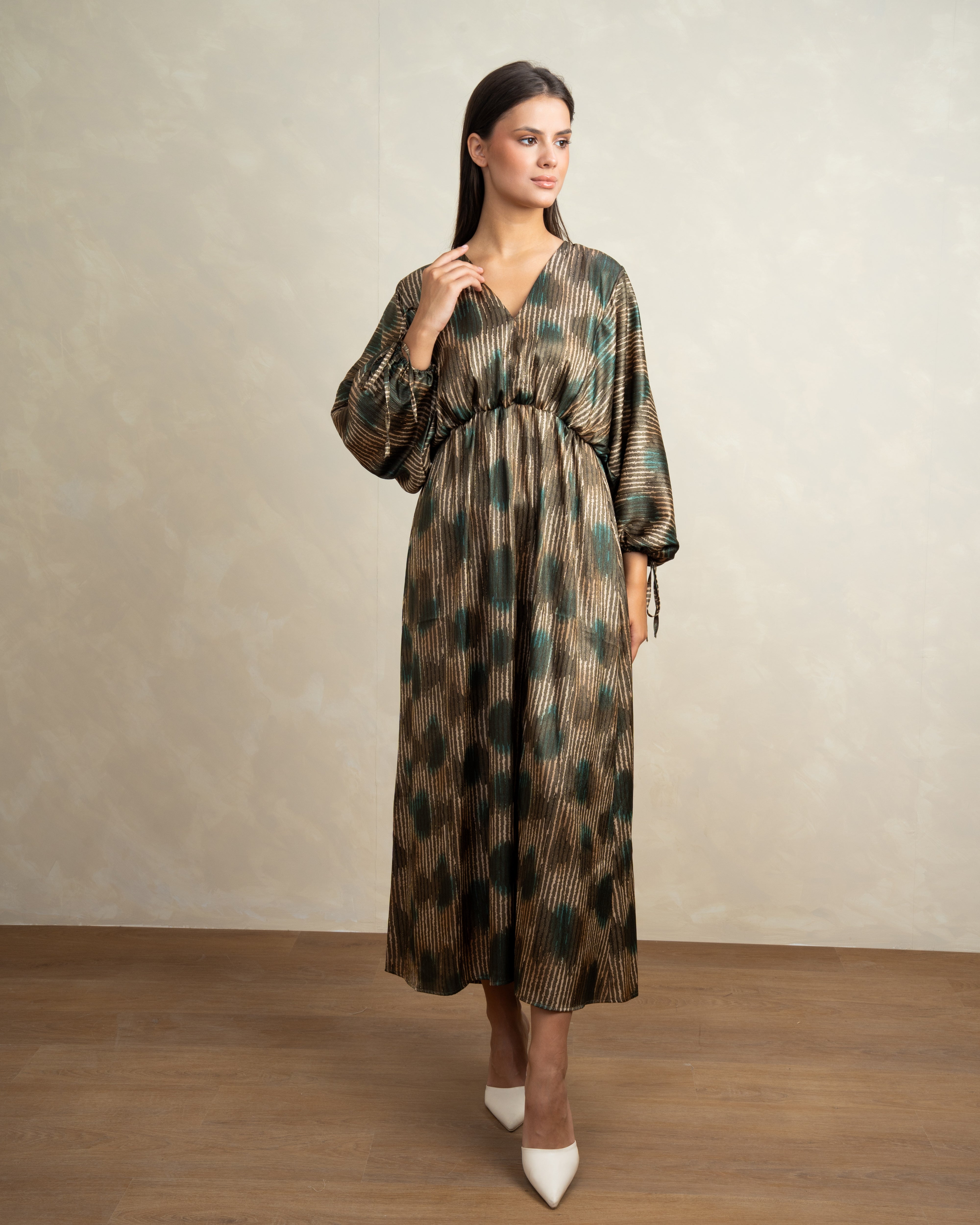 Mixed Print Dress With Tie Sleeves