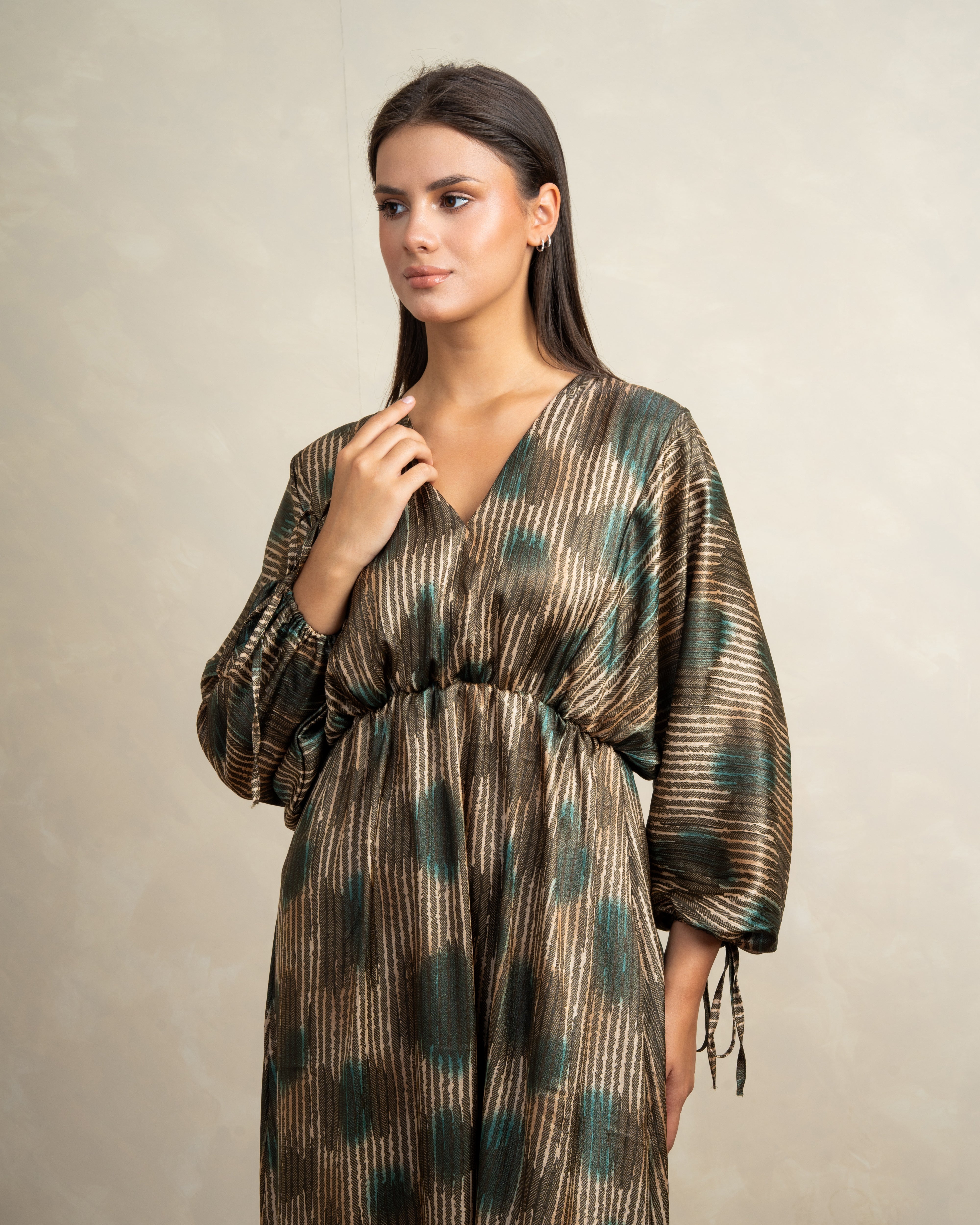 Mixed Print Dress With Tie Sleeves